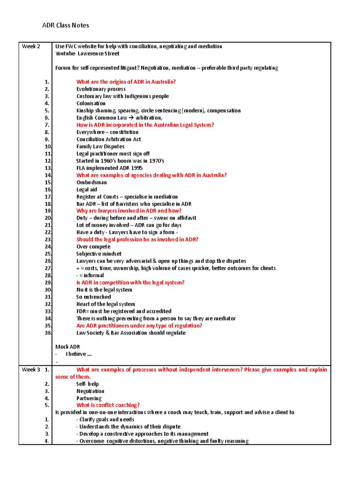 ADR Class notes - ADR - ADR Class Notes Week 2 Use FWC website for help ...