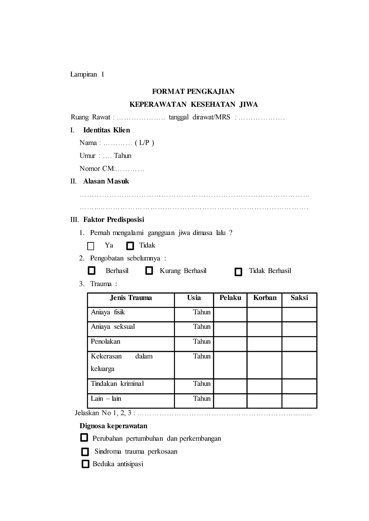 FORM Askep JIWA - Keperawatan - Lampiran 1 FORMAT PENGKAJIAN ...