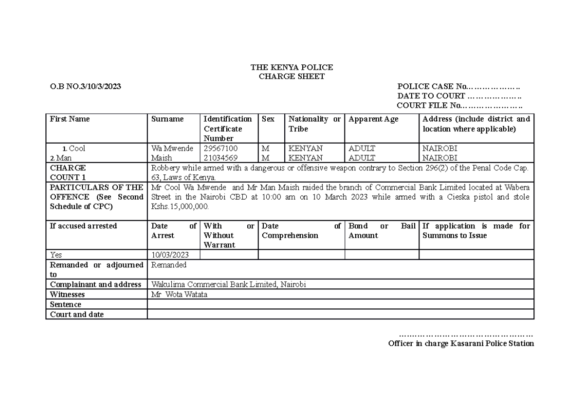 Charge Sheets - Question - Charge Sheet O No 10 3 2023 Police Case No