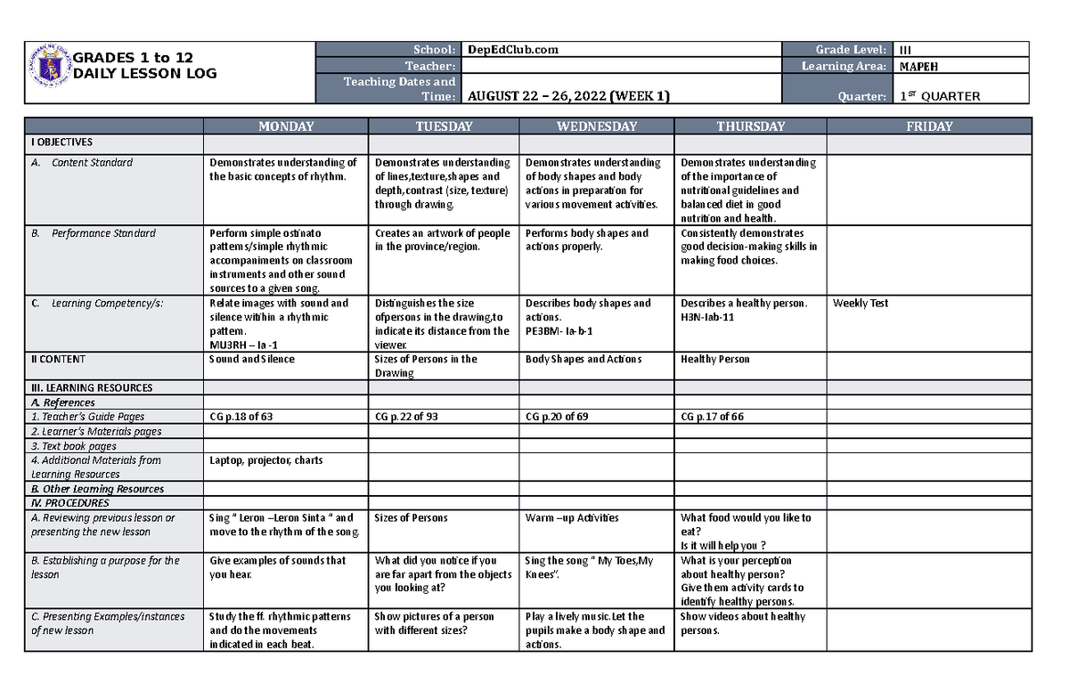 DLL Mapeh 3 Q1 W1 - Very cool - GRADES 1 to 12 DAILY LESSON LOG School ...