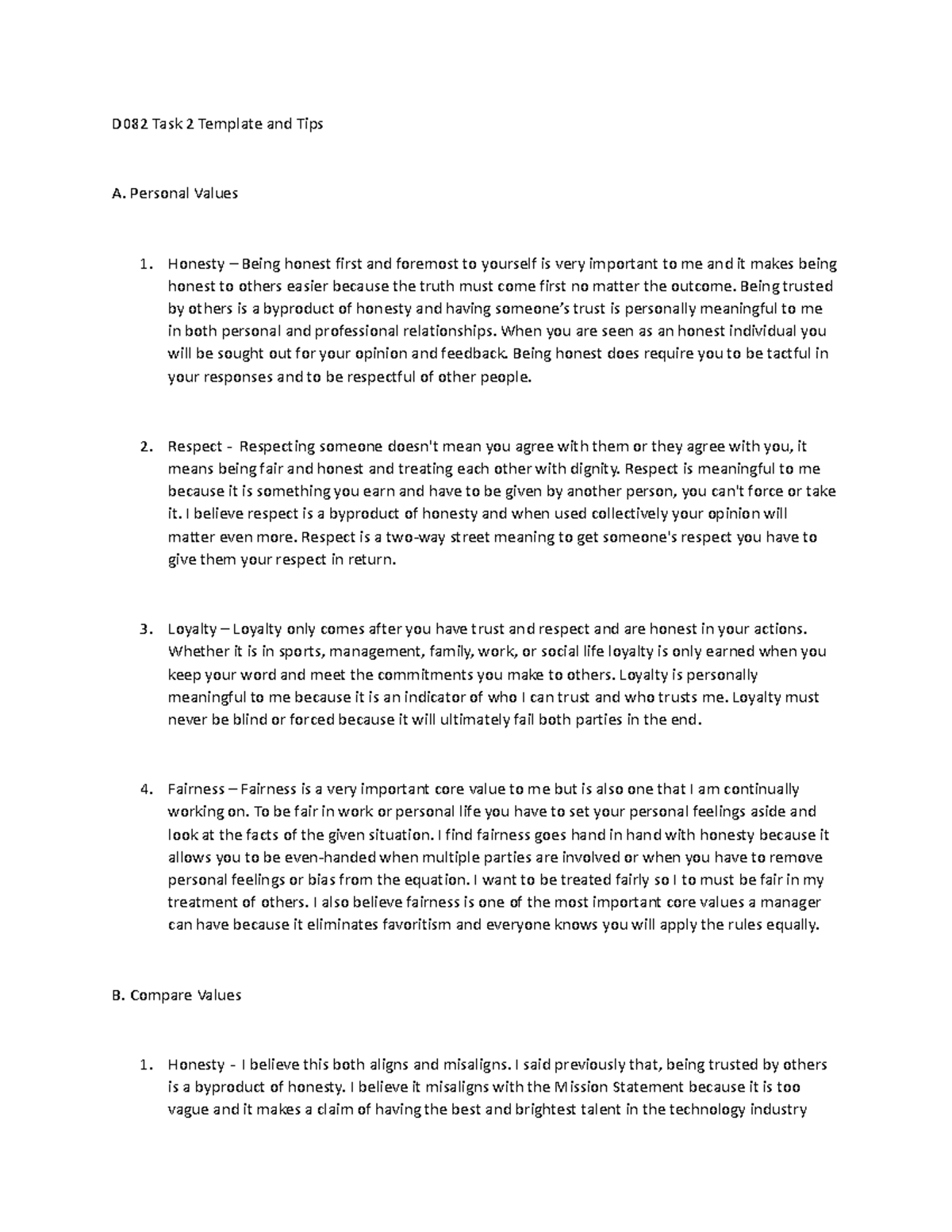 D082 Task 2 - Passed - D082 Task 2 Template and Tips A. Personal Values ...