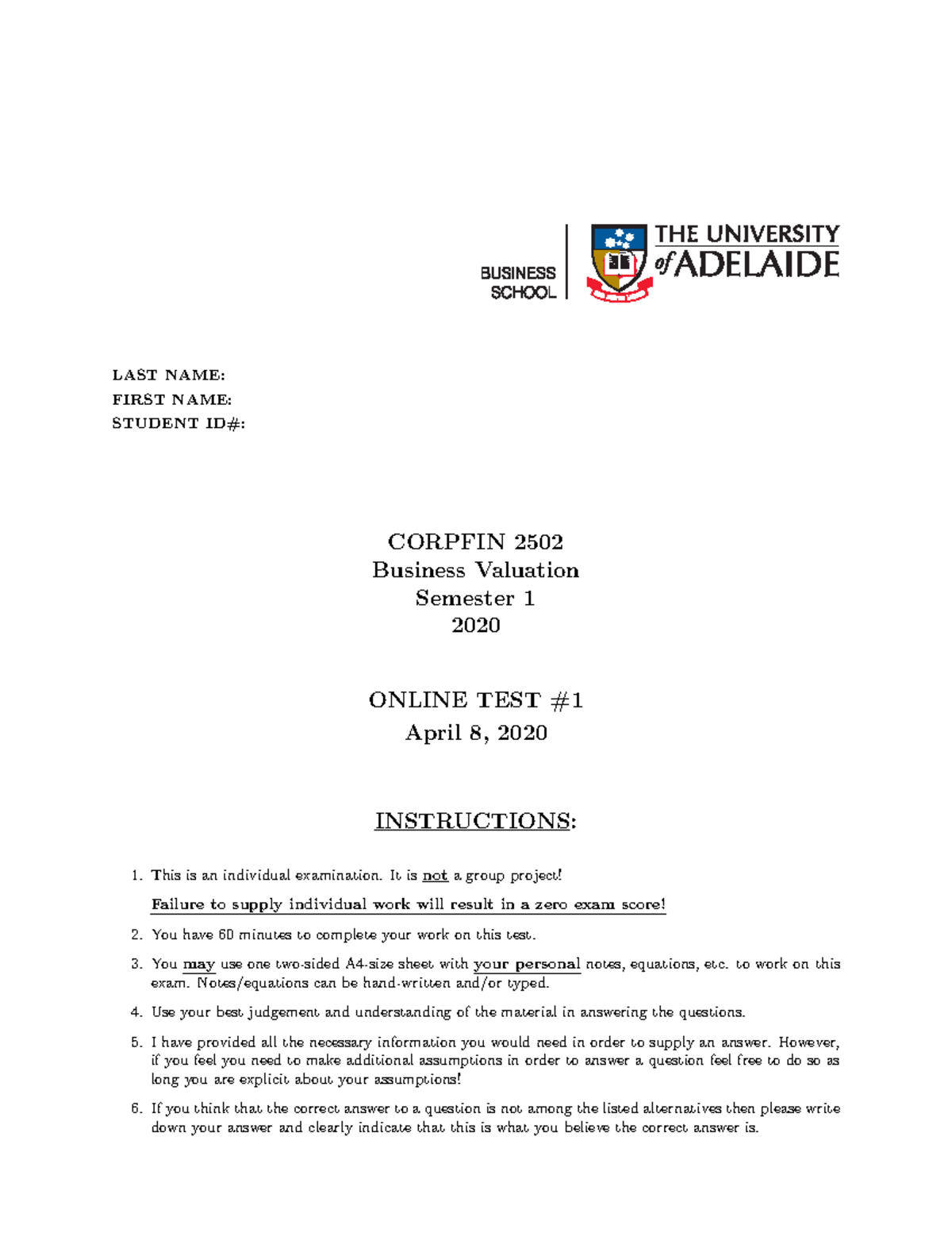 Corpfin 2502 2020sem1 test1 - LAST NAME: FIRST NAME: STUDENT ID ...