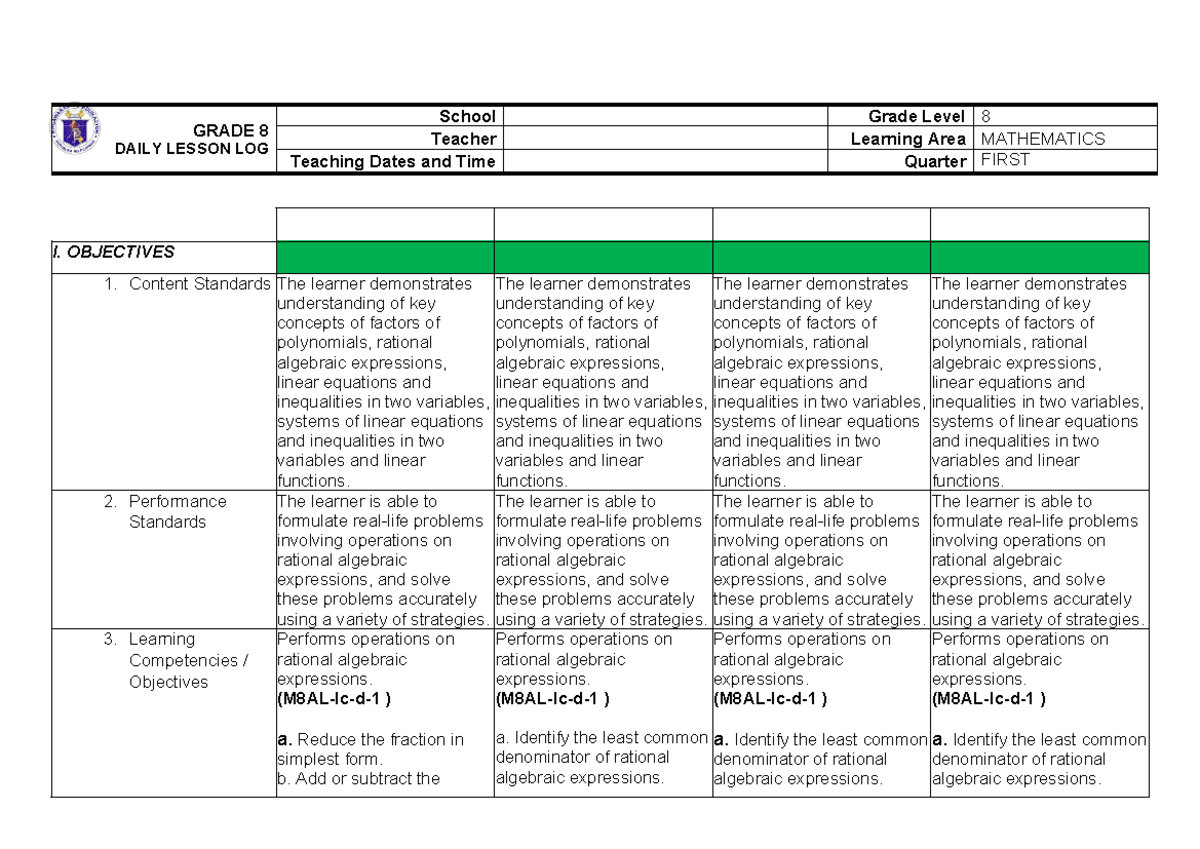 Lesson Plan for Mathematics 8 - GRADE 8 DAILY LESSON LOG School Grade ...