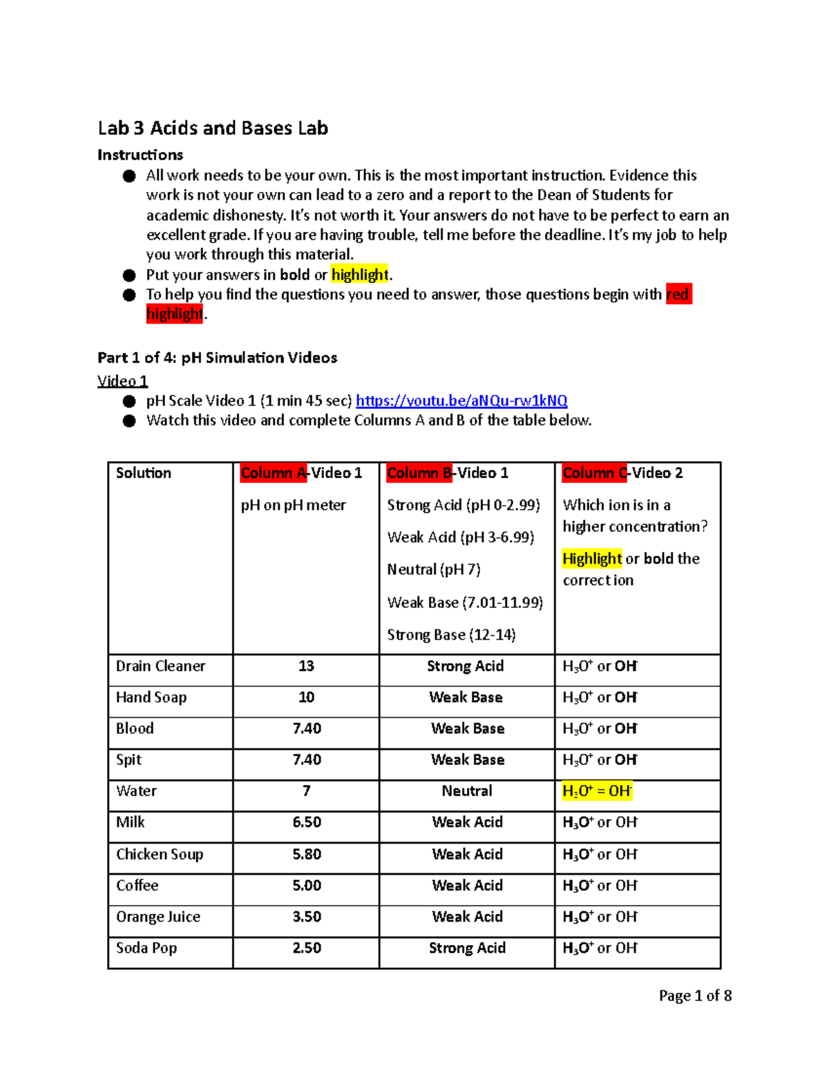 BIOL1110 Online Lab 3 Acids and Bases Lab 3 Acids and Bases Lab