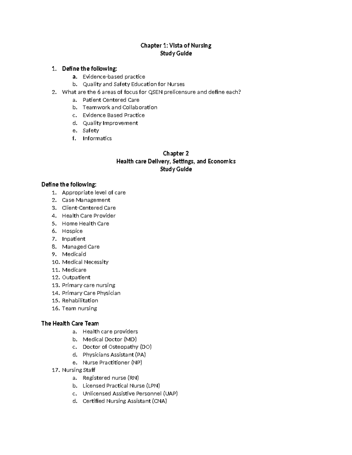 Chapters 1, 2, and 3 Study guides - Chapter 1: Vista of Nursing Study ...