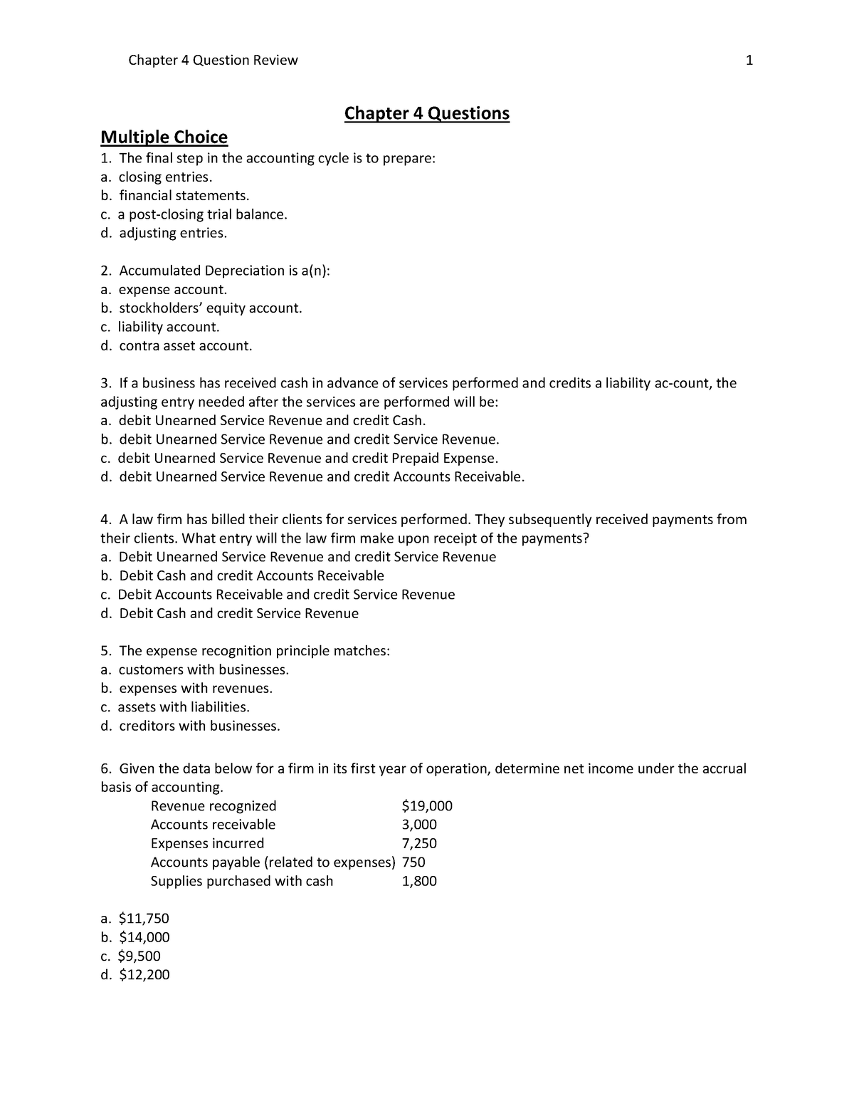 Chapter 4 Question Review - Accounting Materials - Chapter 4 Questions ...