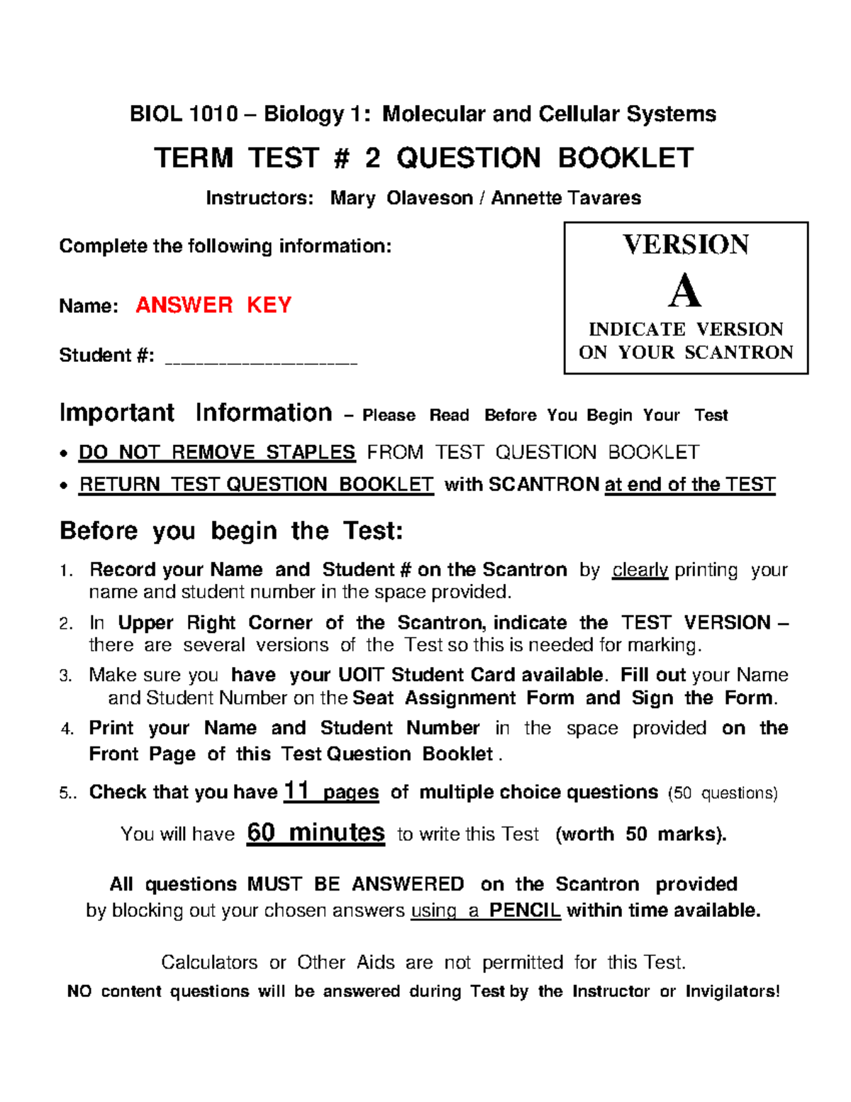 Practice Midterm 2with answers BIOL 1010 Biology 1 Molecular and