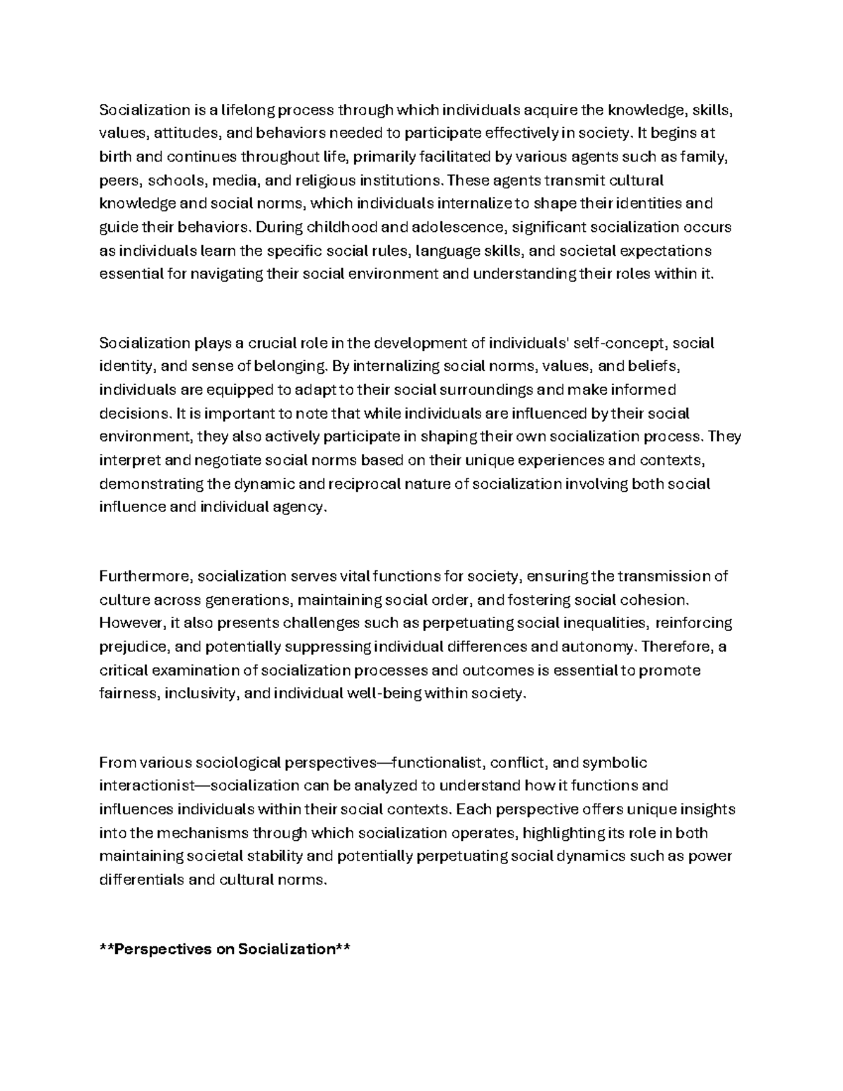 Socyyyy - essays for exam - Socialization is a lifelong process through ...