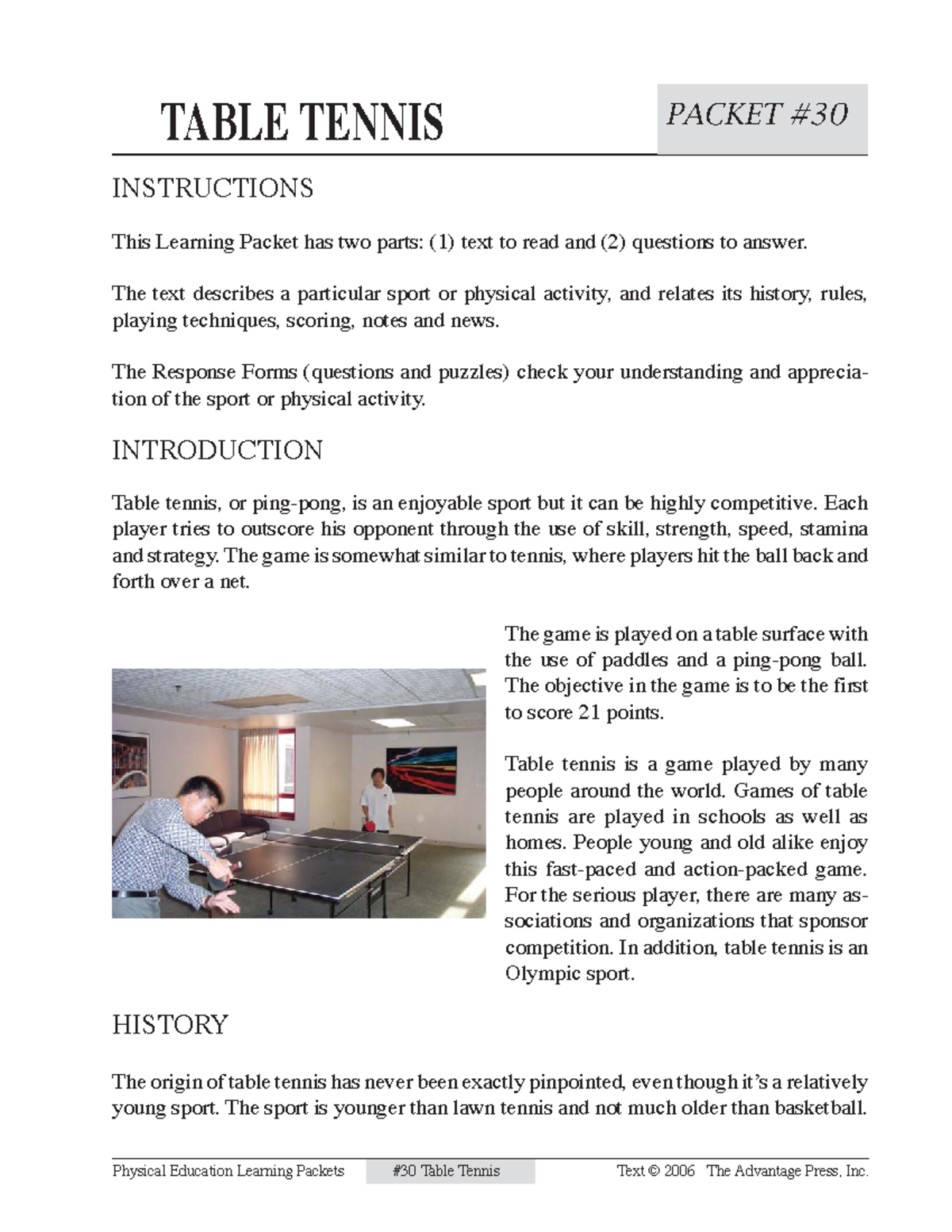 Table Tennis INSTRUCTIONS This Learning Packet has two parts (1
