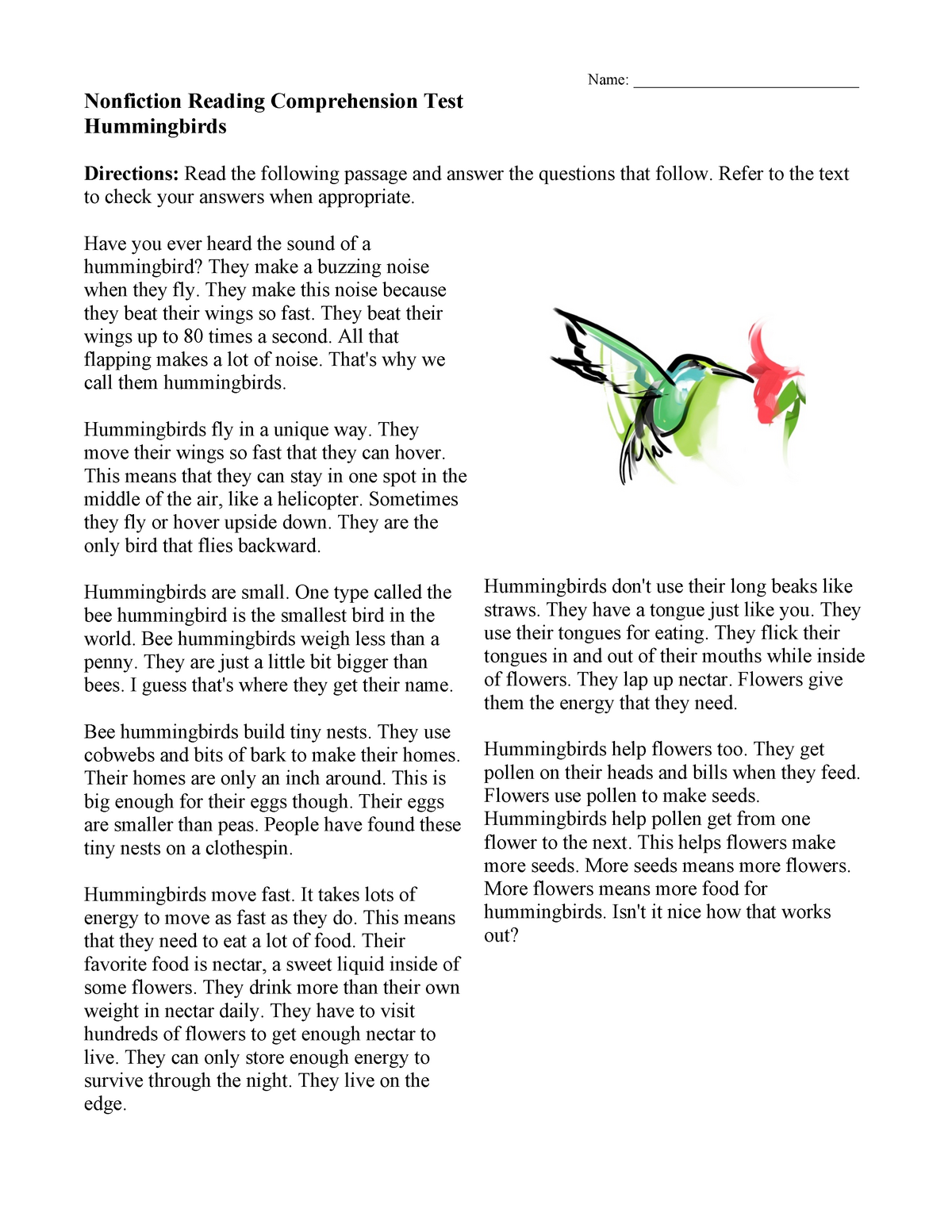 Nonfiction reading test hummingbirds ELC151 - Name ...