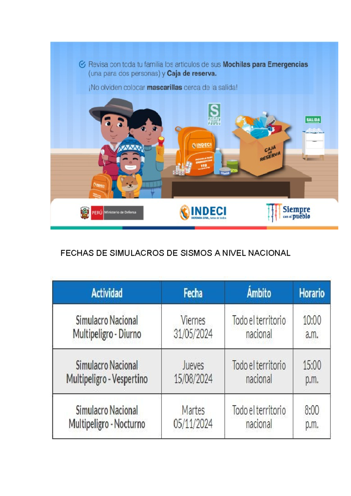 Simulacros DE Sismo 20242 Ciencias Sociales FECHAS DE SIMULACROS