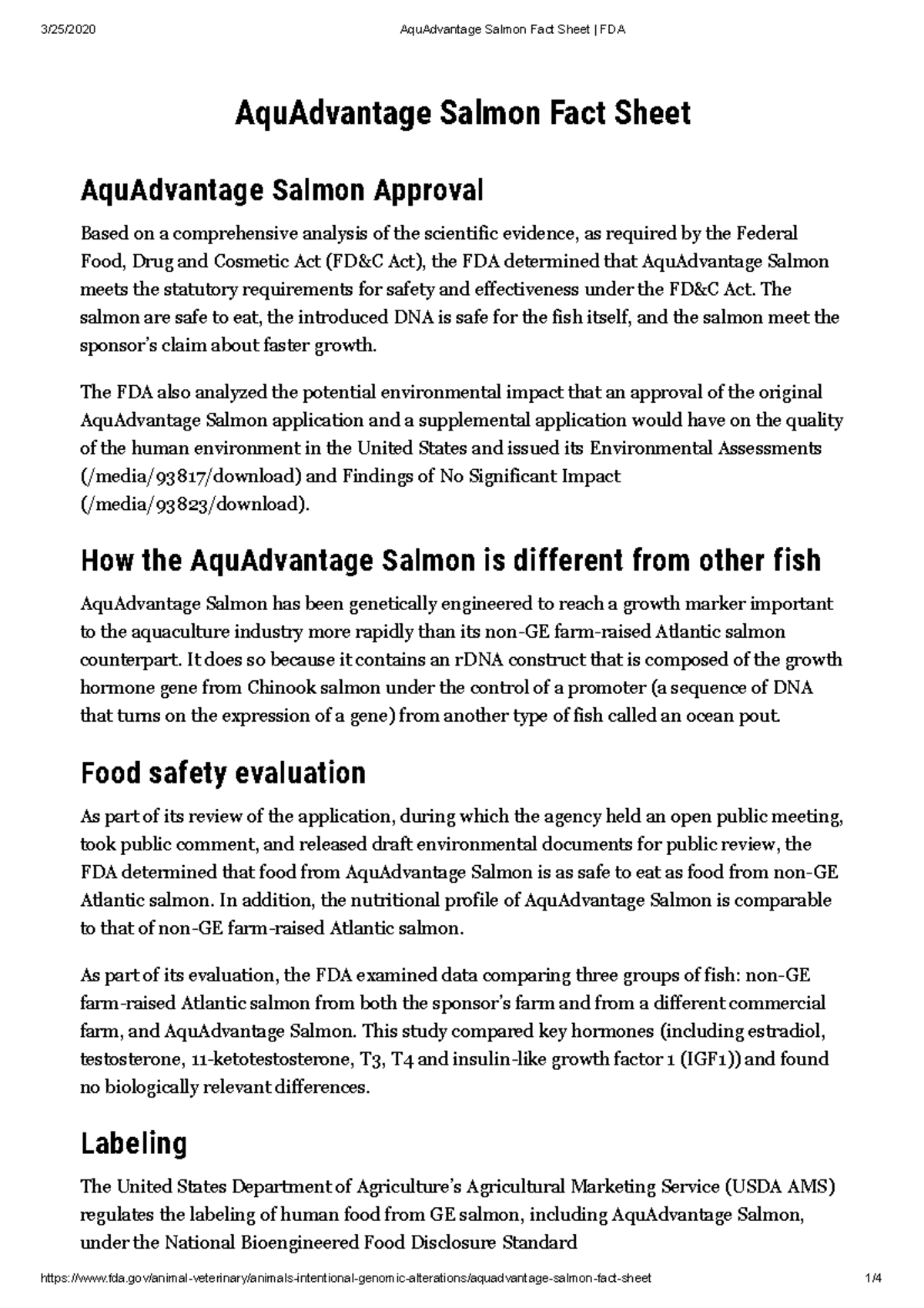 Aqu Advantage Salmon Fact Sheet FDA[2611] AquAdvantage Salmon Fact