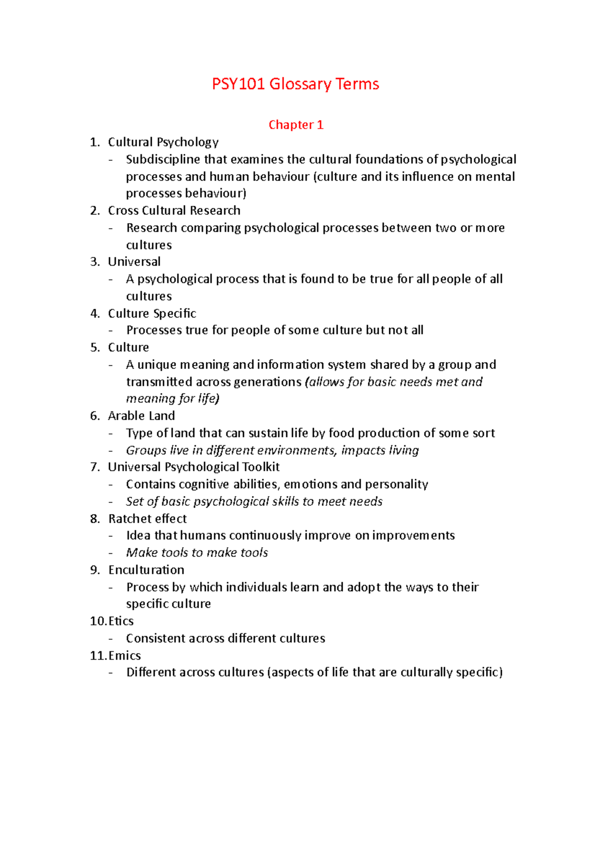 PSY101 Glossary Terms - PSY101 Glossary Terms Chapter 1 Cultural ...