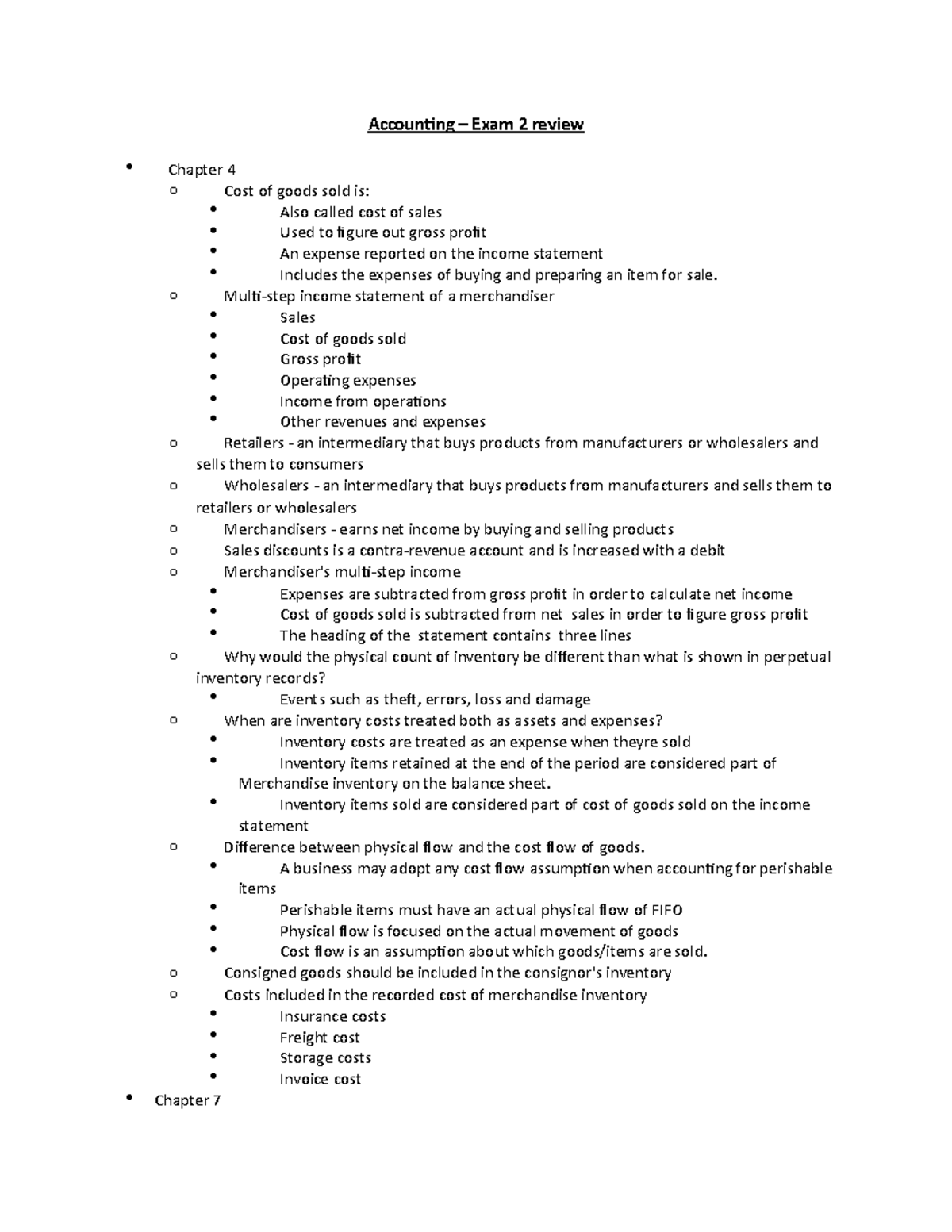 Accounting – Exam 2 review - Accounting Exam 2 review Chapter 4 o Cost ...