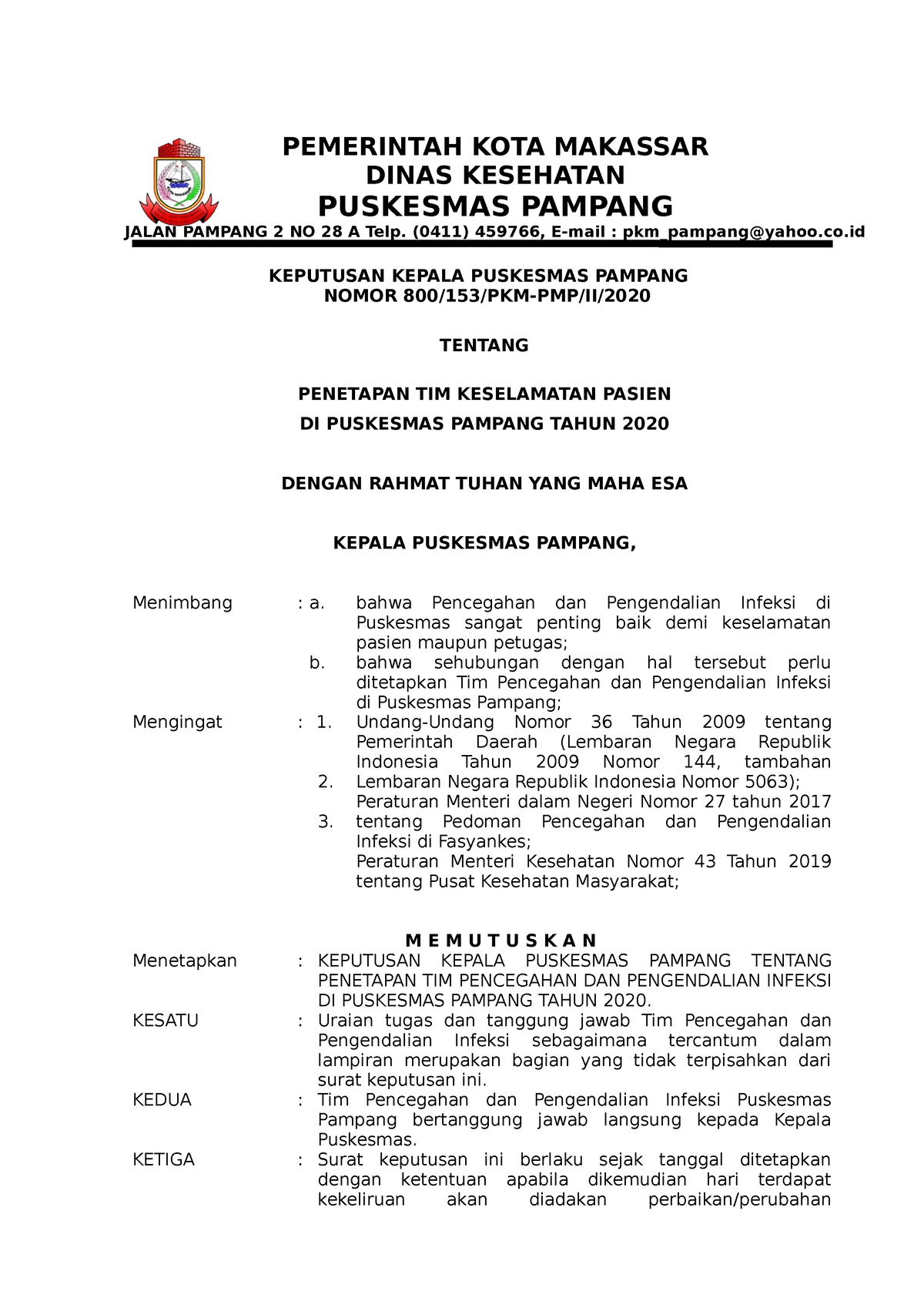 Sk Penetapan Tim Ppi Sk Tim Ppi Pemerintah Kota Makassar Dinas Kesehatan Puskesmas Pampang 