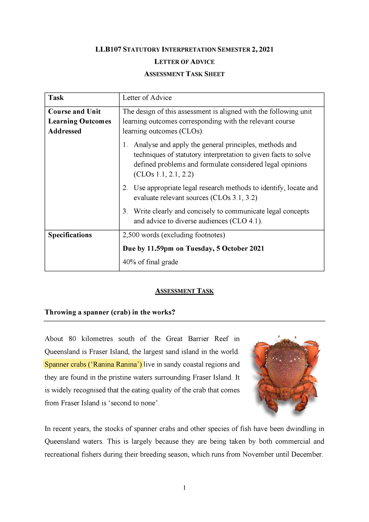 LLB107 Assignment 2021 Task Sheet And Problem Question - LLB 107 ...