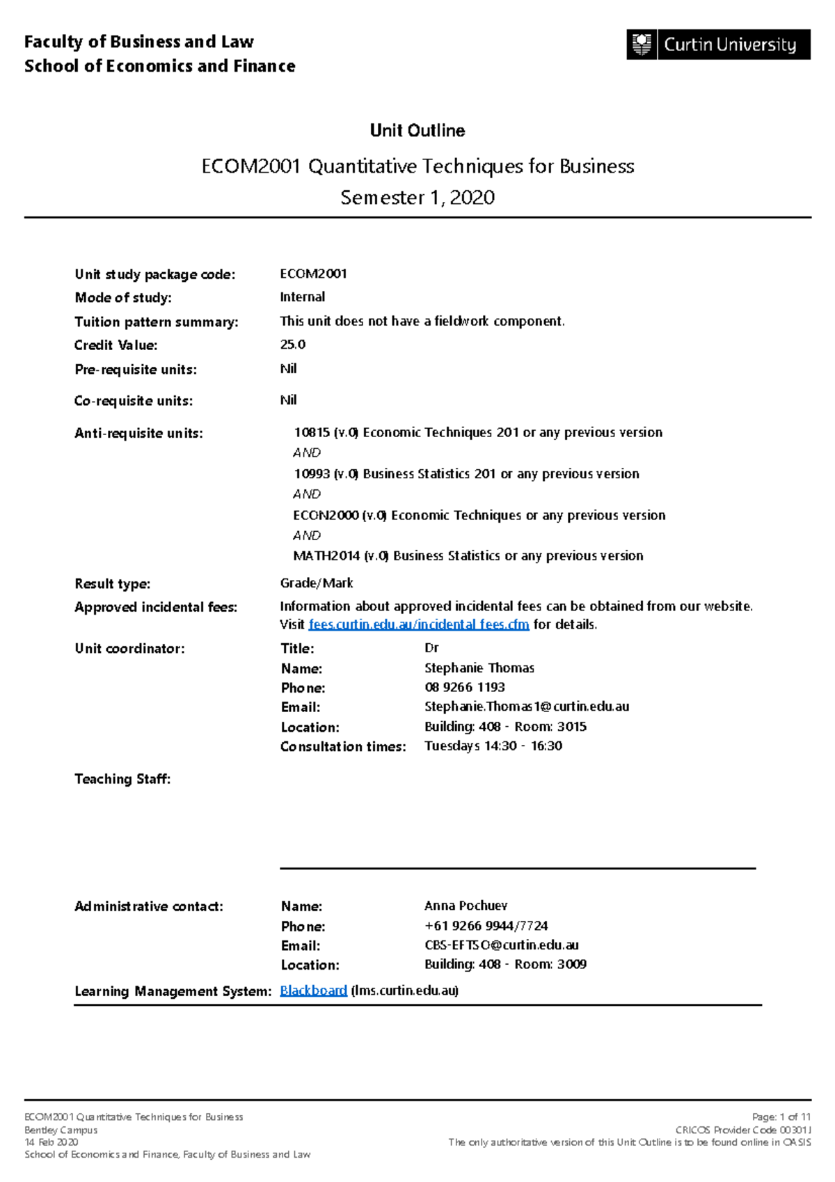 ECOM2001 Quantitative Techniques for Business Semester 1 2020 Bentley ...