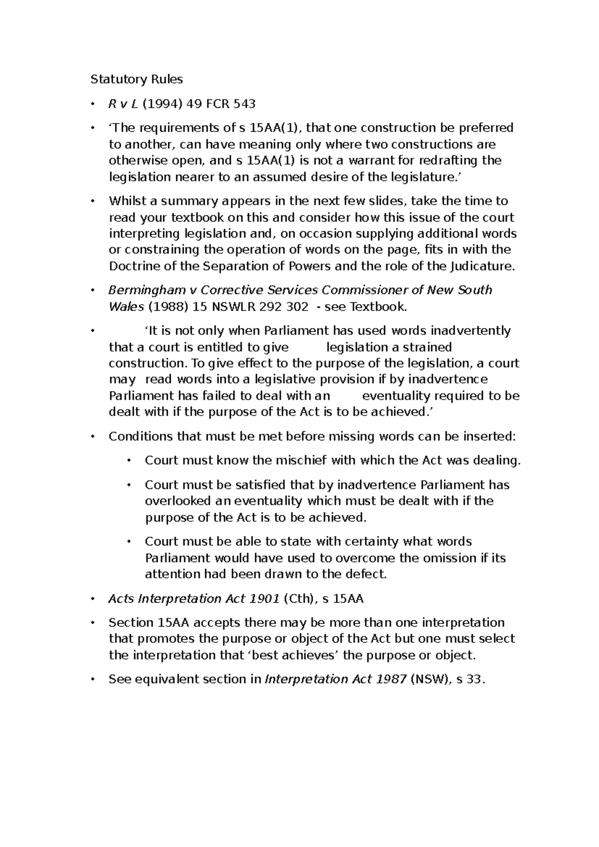 Statutory Rules - ’ Whilst a summary appears in the next few slides ...