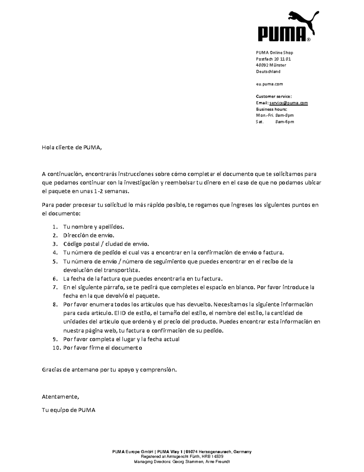 PUMA Return Confirmation Instruction ES PUMA Online Shop Postfach