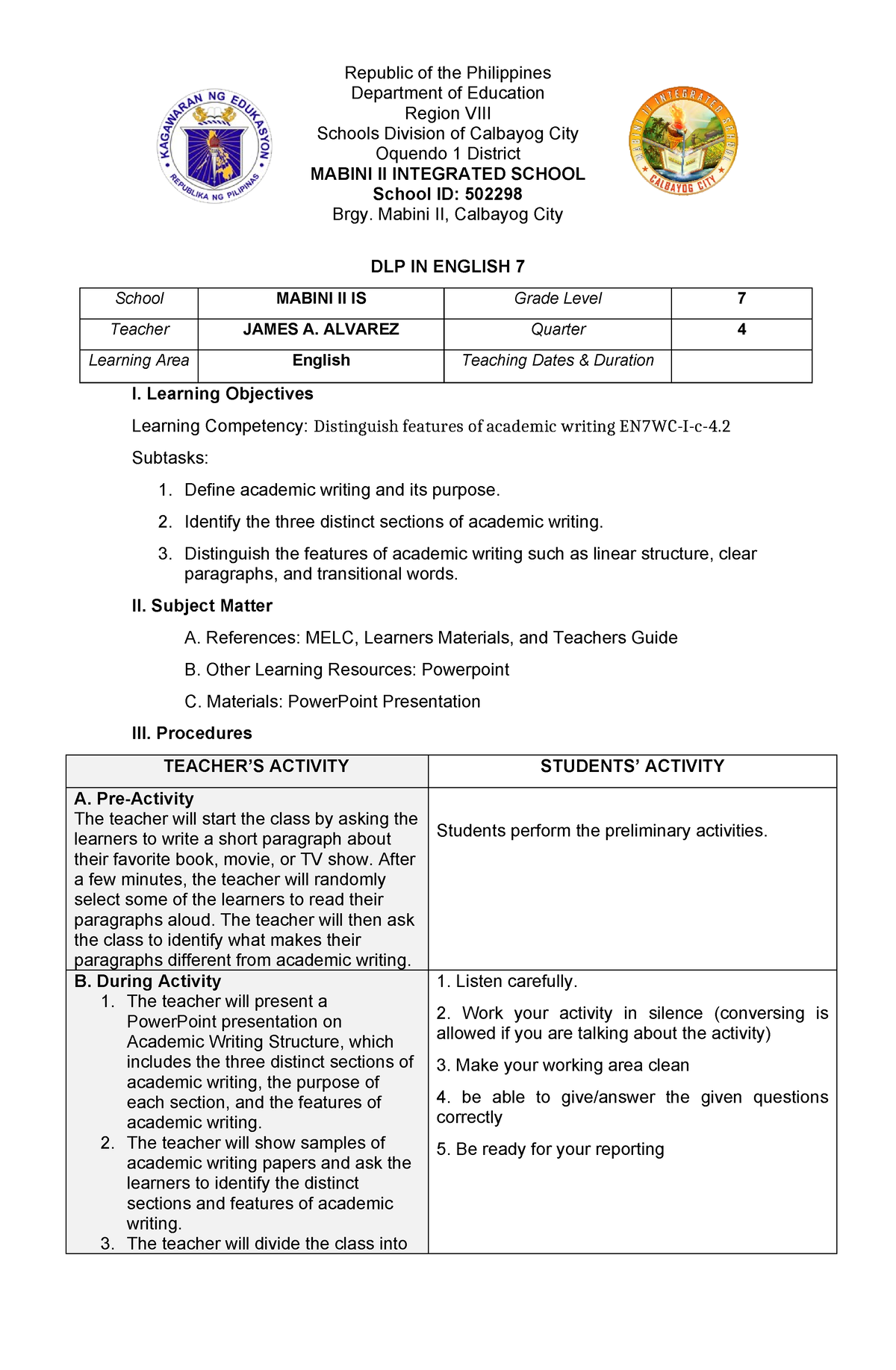 DLP English 7 Q4 - Republic Of The Philippines Department Of Education ...