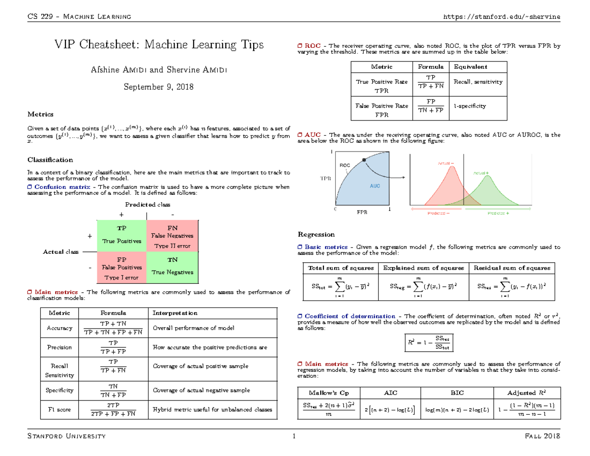 Cheatsheet Machine Learning Tips And Tricks - CS 229 – Machine Learning ...