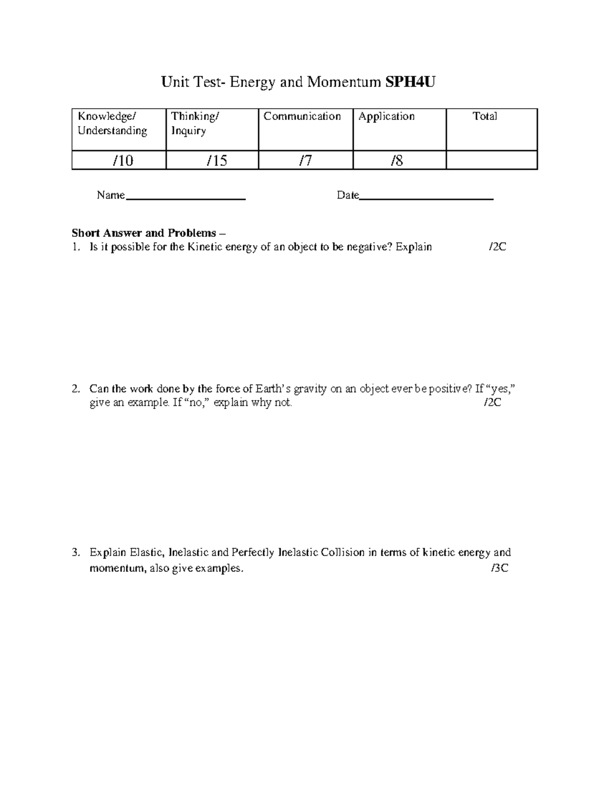 TAC Unit Test -Energy And Momentum - Unit Test- Energy And Momentum ...