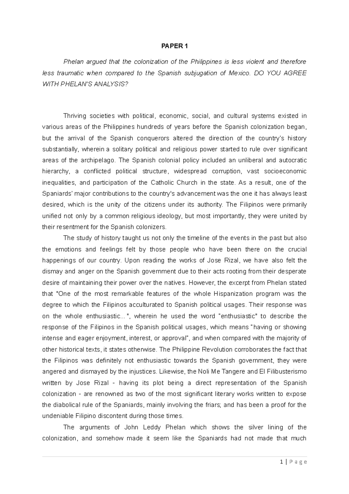 Paper 1 History Summary PAPER 1 Phelan argued that the colonization