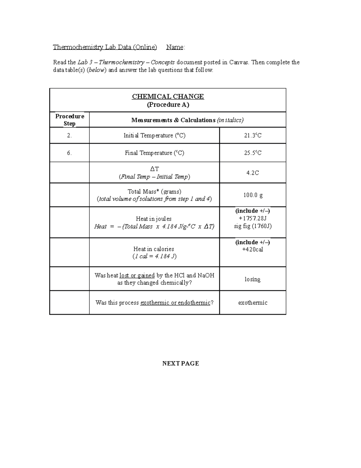 Lab 3 Thermochemistry OL Lab Report Thermochemistry Lab Data