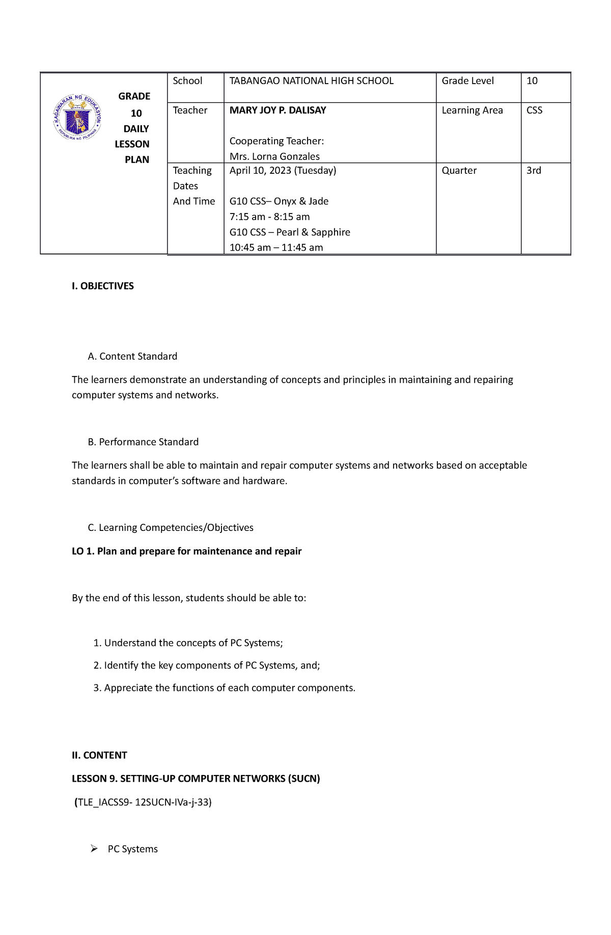 PC- System-LP - Computer System Servicing - GRADE 10 LESSONDAILY PLAN ...