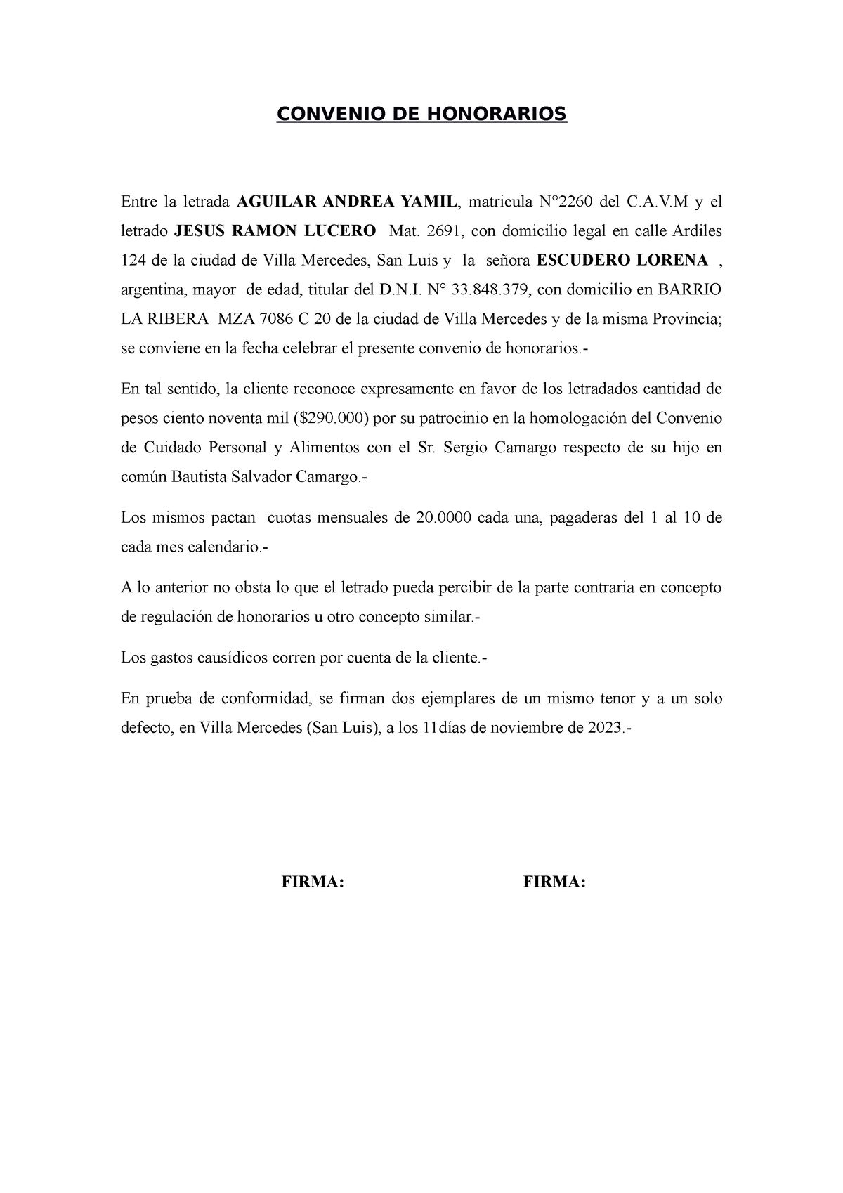 Convenio De Honorarios Escudero Convenio De Honorarios Entre La Letrada Aguilar Andrea Yamil 6742