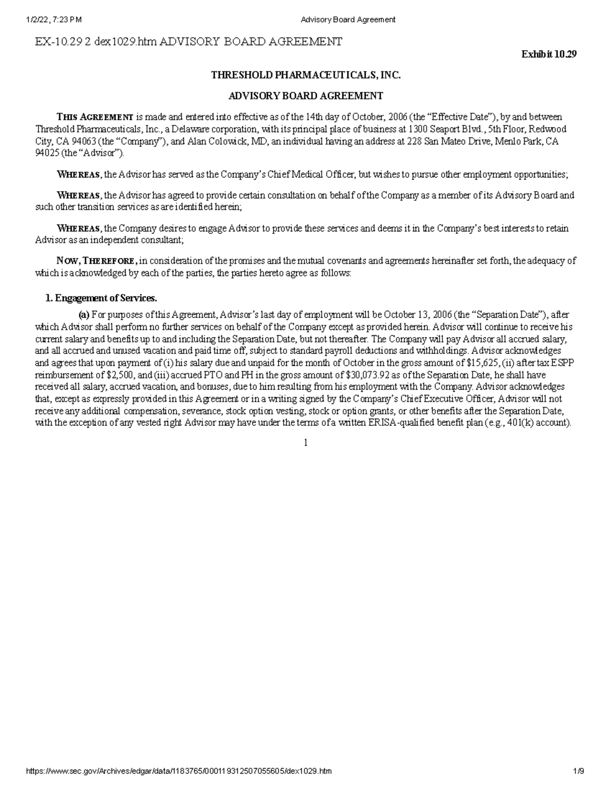 Advisory Board Agreement EX10 2 dex1029 ADVISORY BOARD AGREEMENT
