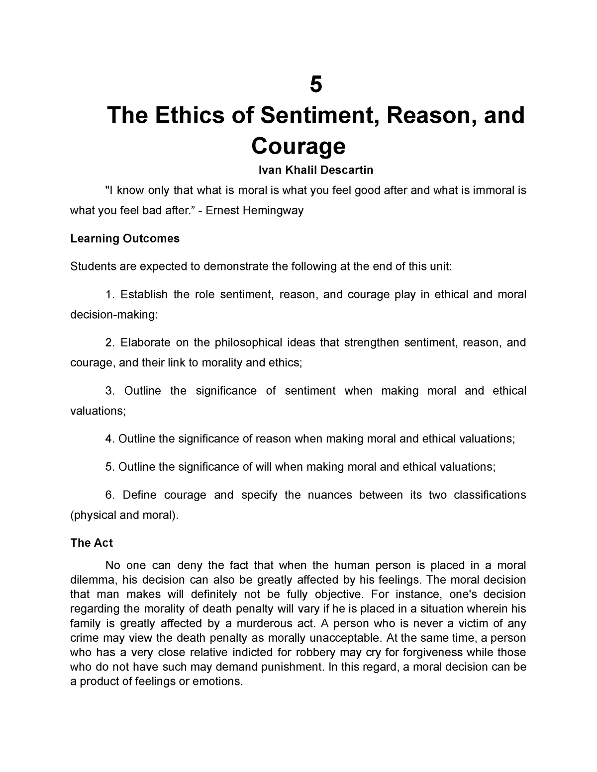 Chapter 5. THE Ethics OF Sentiment, Reason, AND Courage 1 - 5 The ...