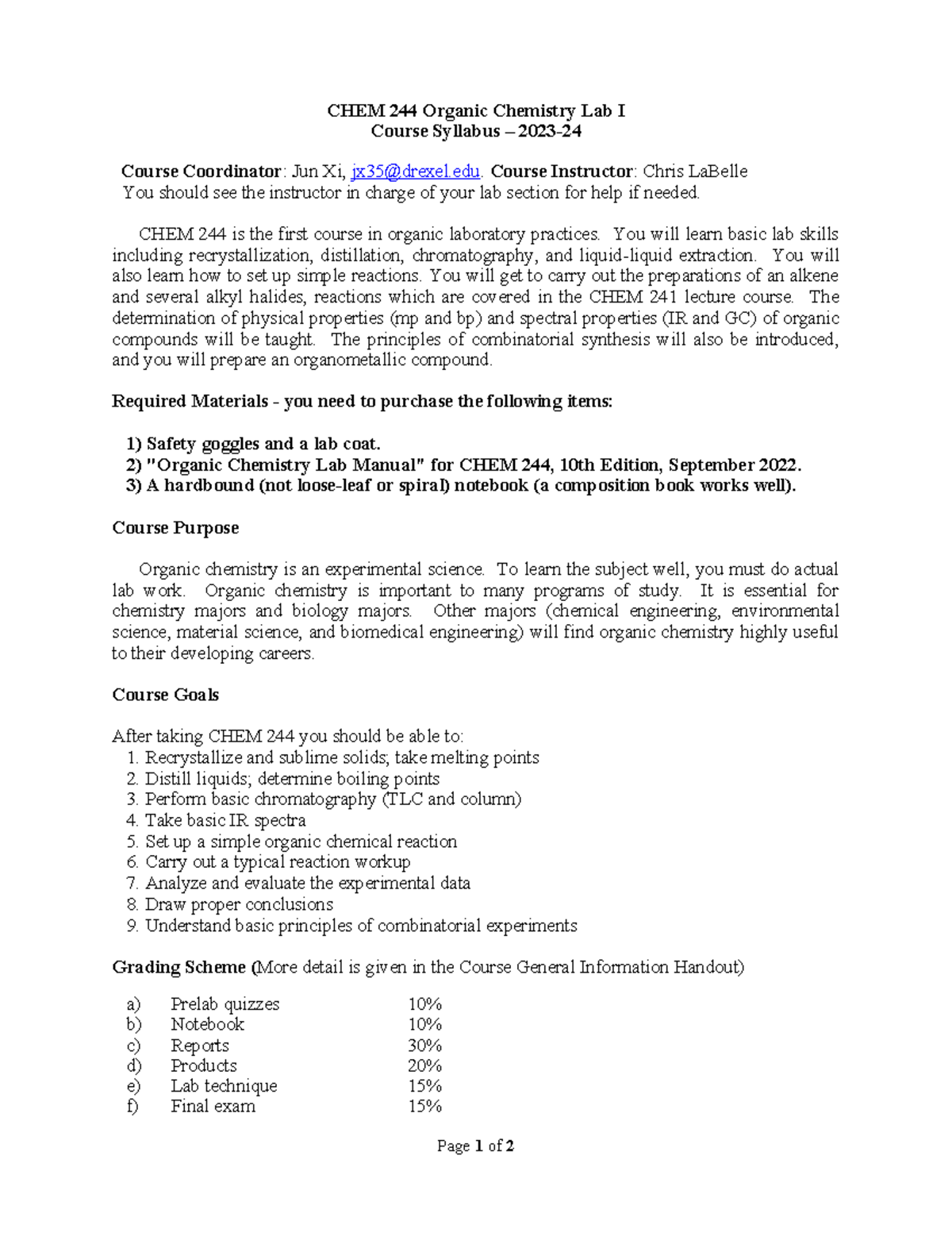 CHEM 244 Syllabus 2023-24 Winter - CHEM 244 Organic Chemistry Lab I ...