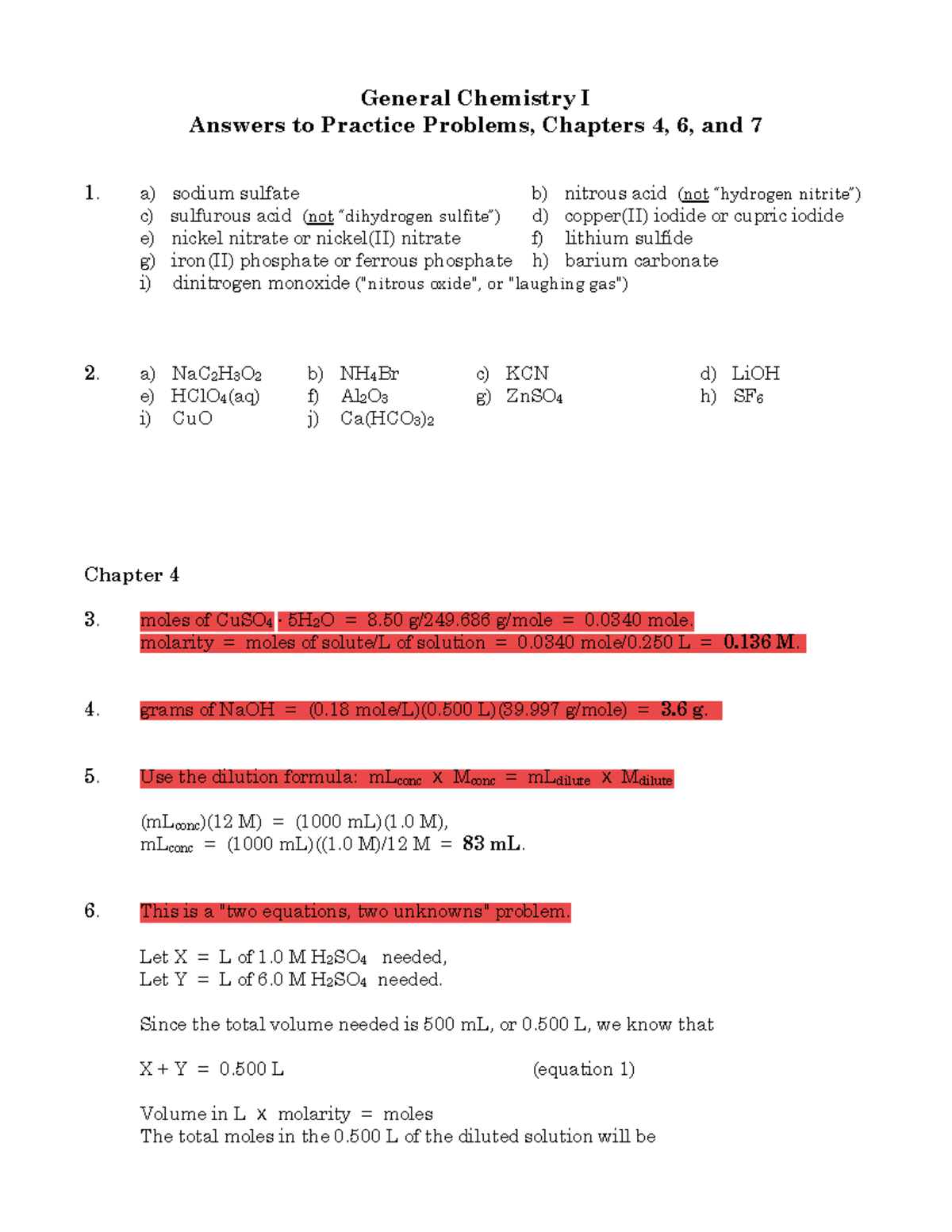 1411 4 6 7 A Practice Mat - General Chemistry I Answers to Practice ...