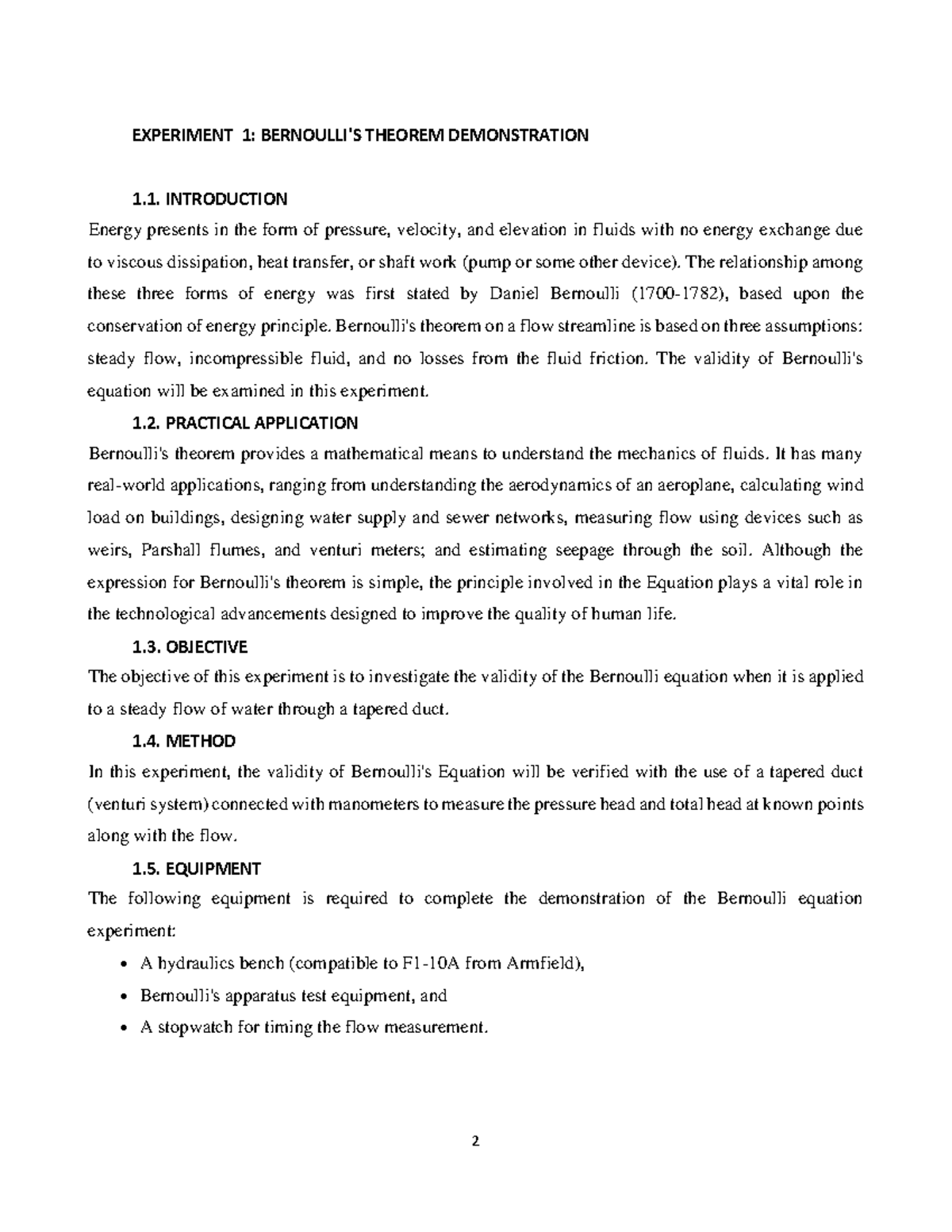 Fluid Mechanics Lab Manual Part 2 - EXPERIMENT 1: BERNOULLI'S THEOREM ...