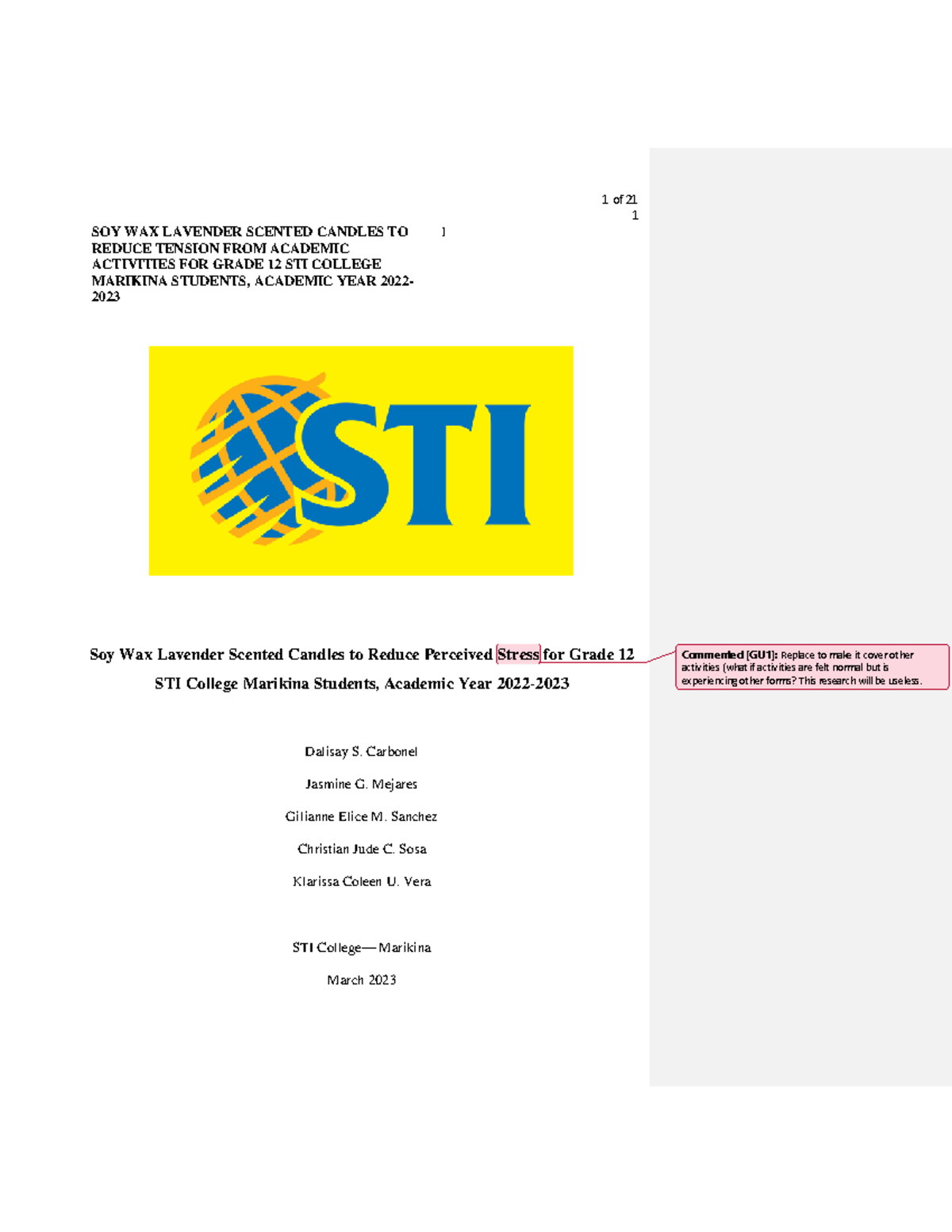 Group 1 Humss 201A Research SOY WAX LAVENDER SCENTED CANDLES TOREDUCE TENSION FROM ACADEMIC