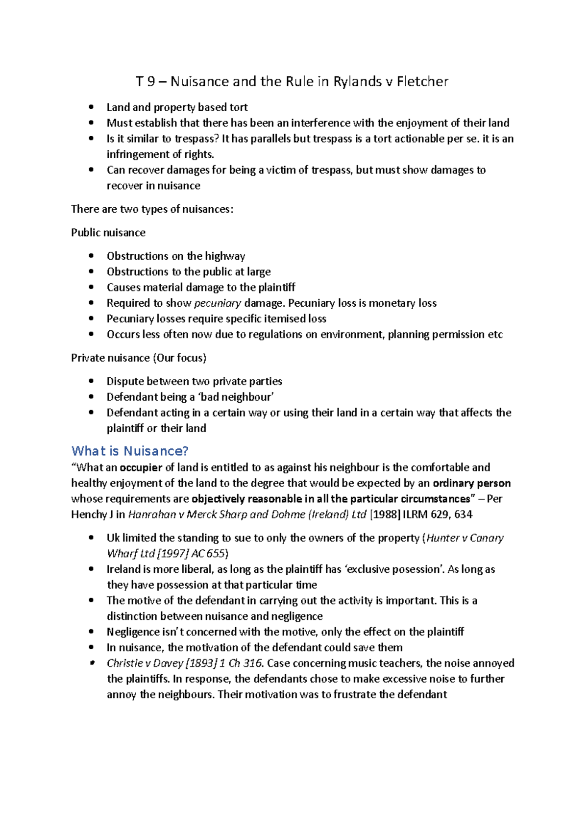 Topic 9 – Nuisance and the Rule in Rylands v Fletcher - T 9 – Nuisance ...