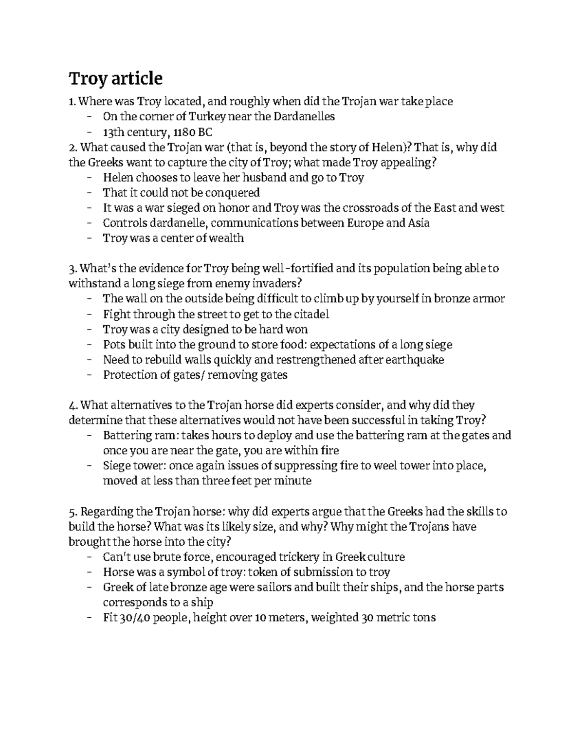 Troy article Answered study questions and summary for Troy