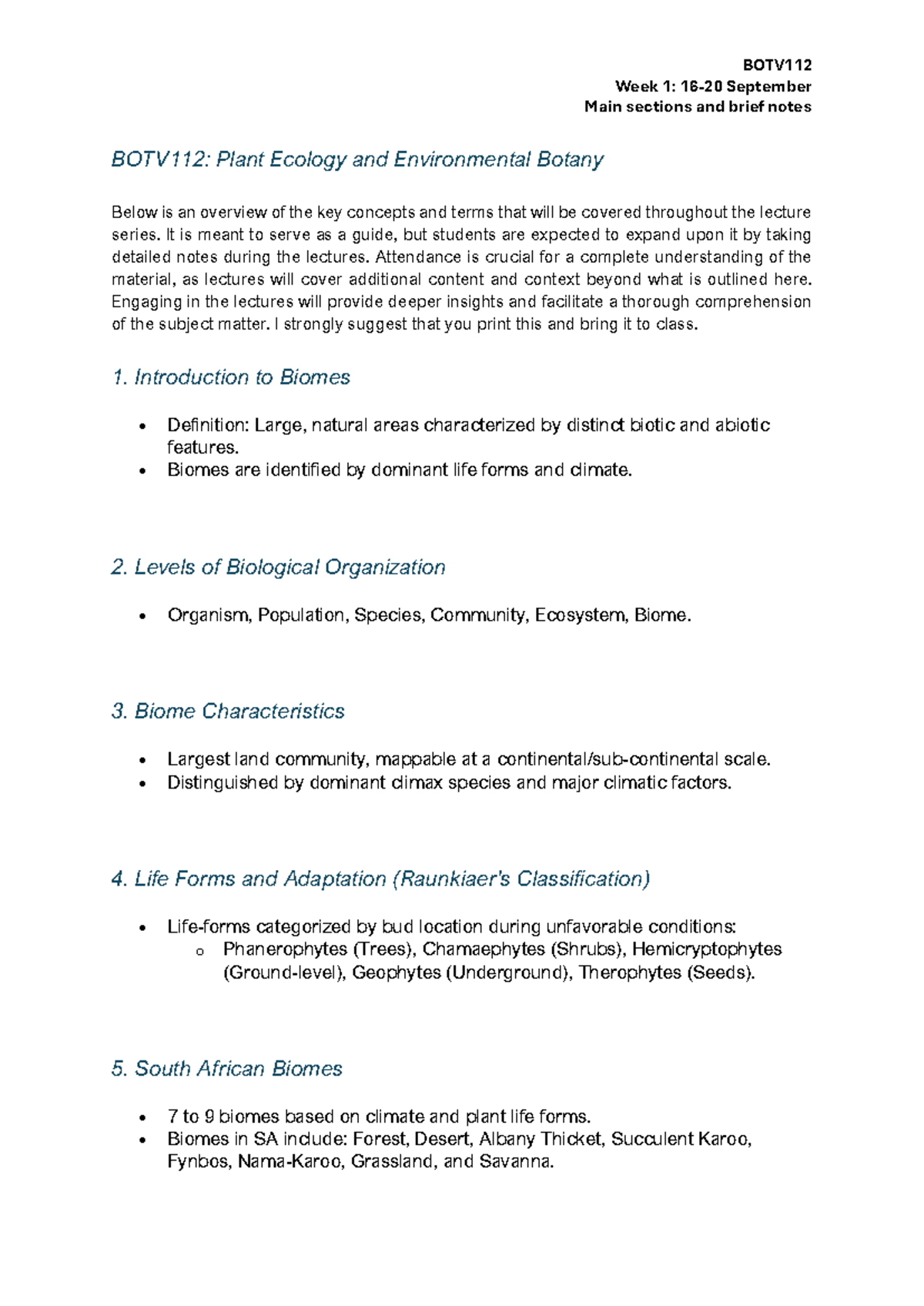 BOTV112 Biomes Notes (1 of 2) for Students - Week 1: 16-20 September ...