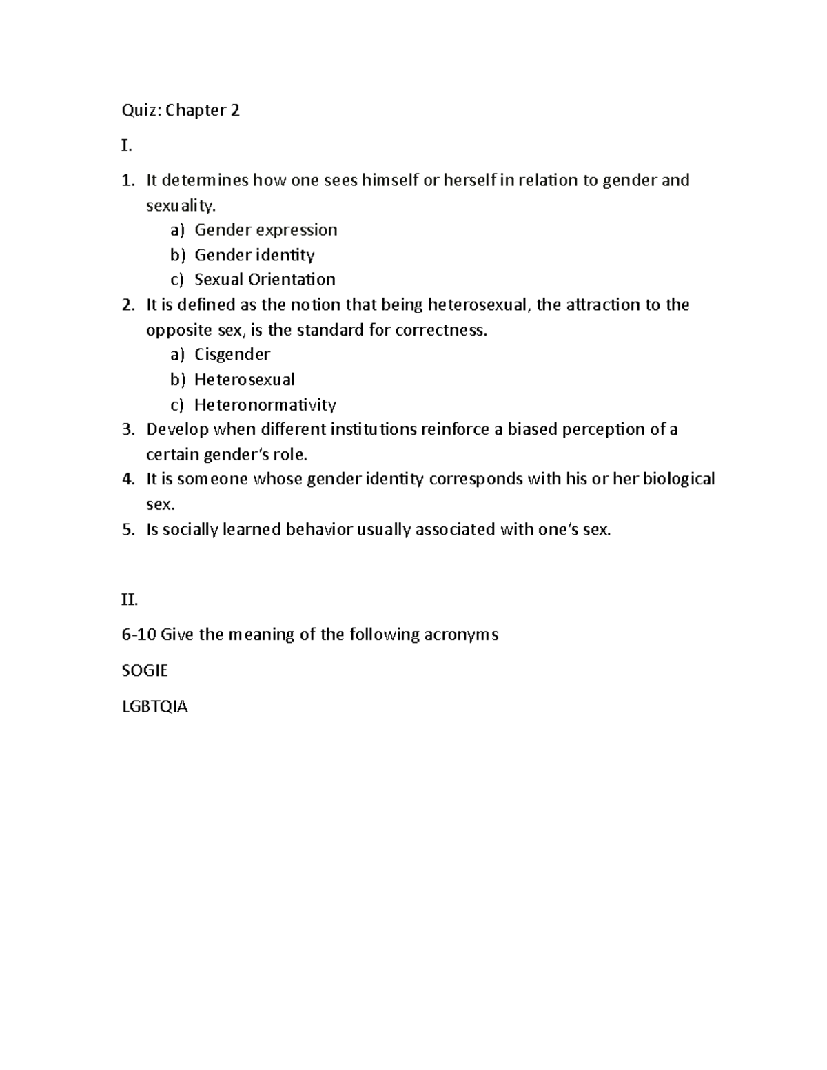Quiz Chapter-2 - application to gender and sexuality - Quiz: Chapter 2 ...