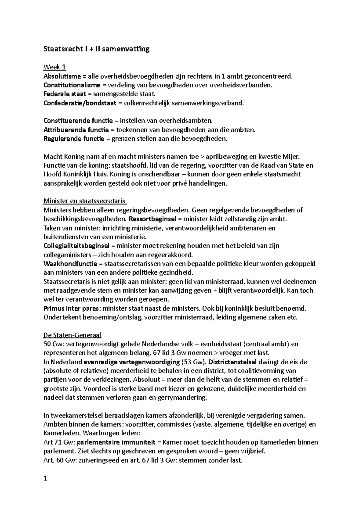 Staatsrecht Samenvatting - Staatsrecht I + II Samenvatting Week 1 ...