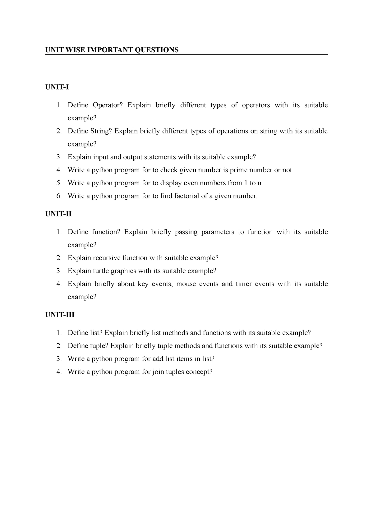 UNIT WISE Important Questions (MID-I Python) - UNIT WISE IMPORTANT ...