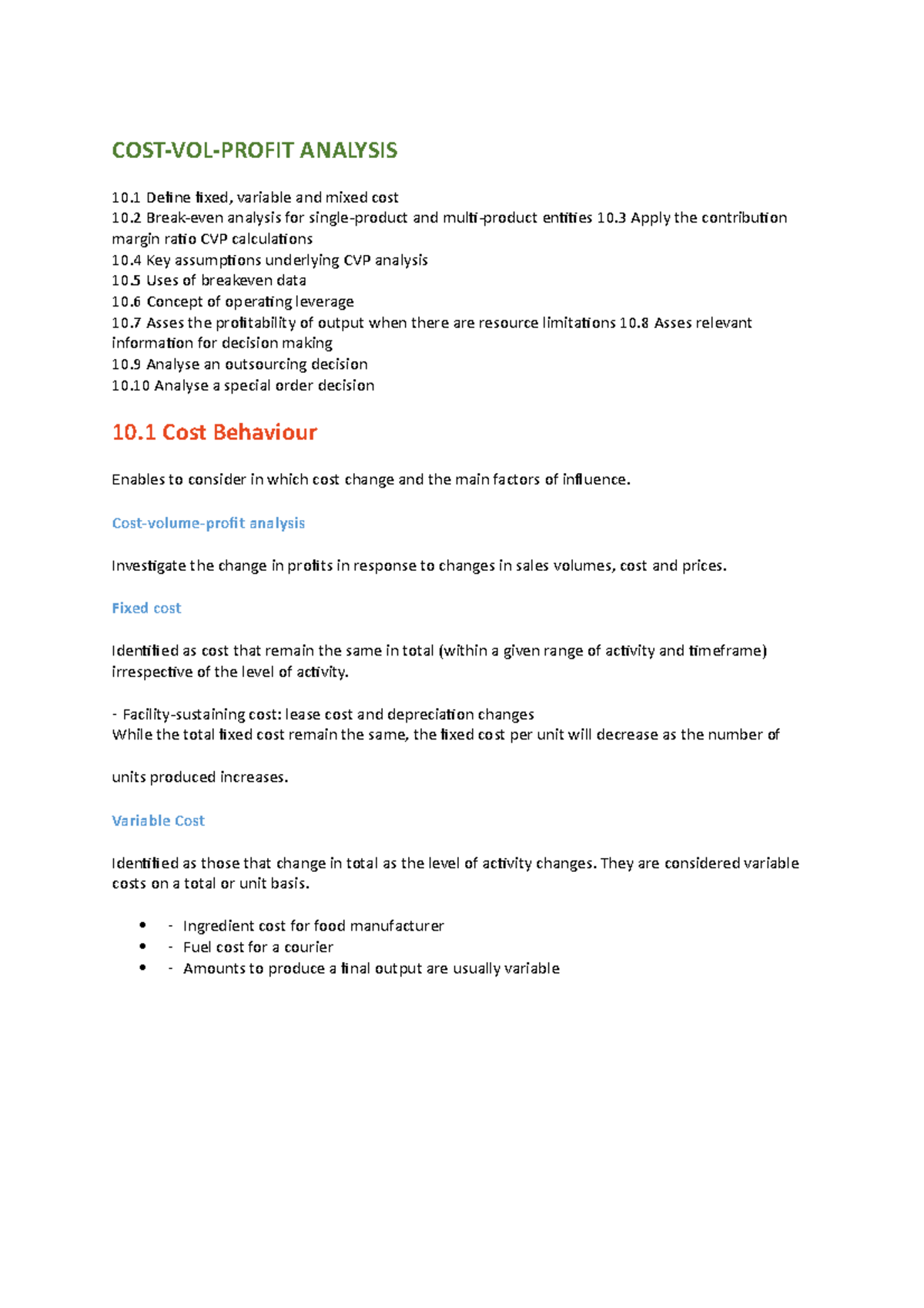 ACCY130 COSTVOL Profit notes COSTVOLPROFIT ANALYSIS 10 Define