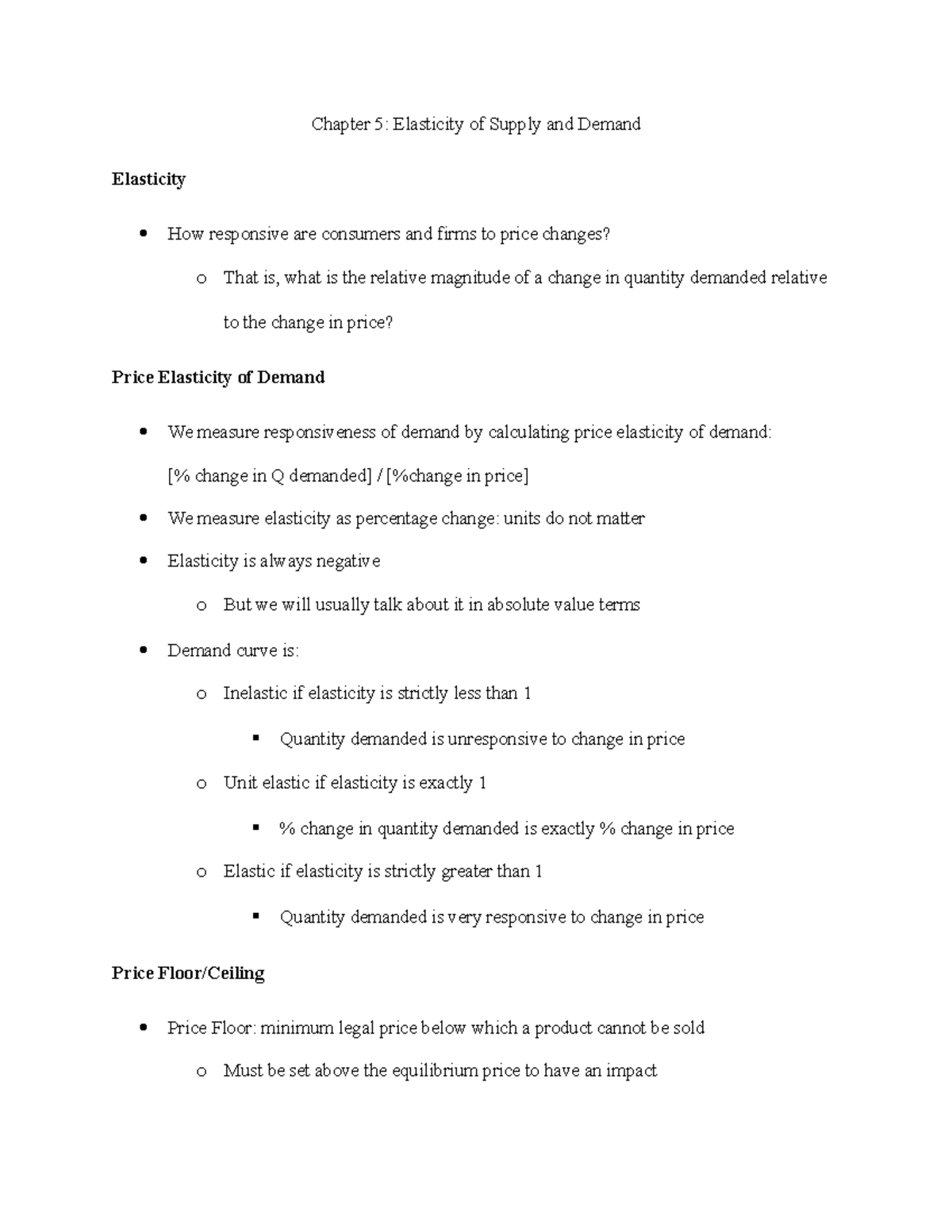 Econ Chapter 5 - Lecture notes All - Chapter 5: Elasticity of Supply ...