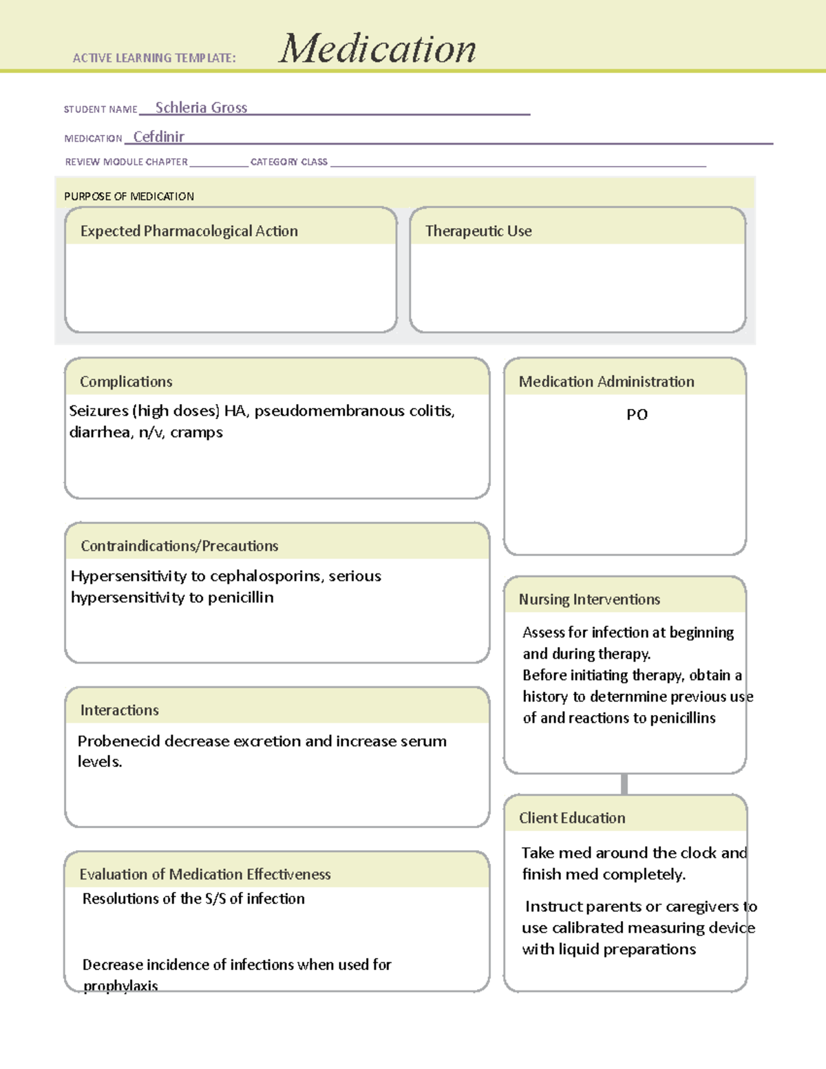 Cefdinir Medication Template - STUDENT NAME Schleria Gross