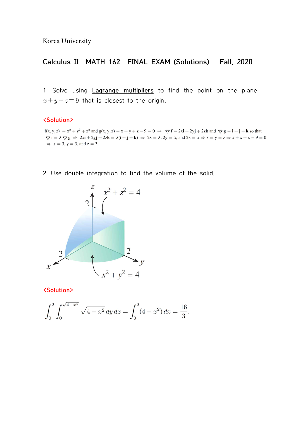 Calculus Final Exam (MATH162-24) - Calculus II MATH 162 FINAL EXAM ...