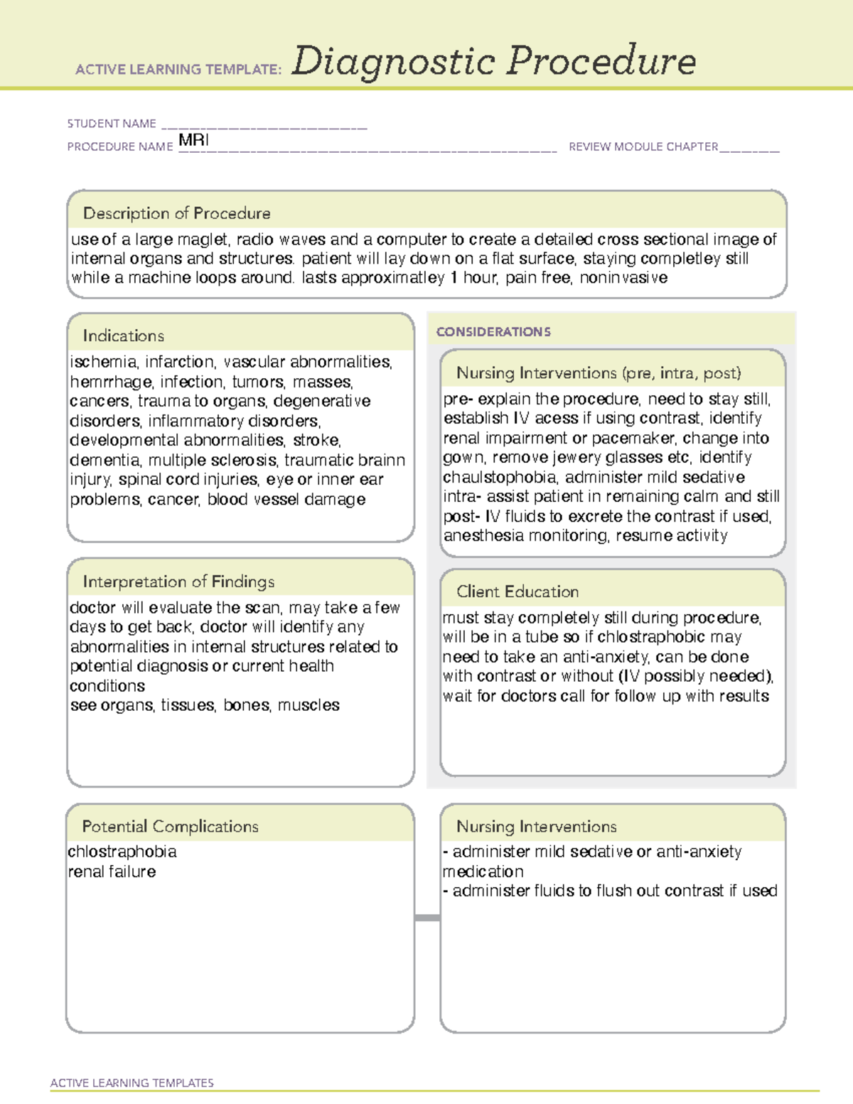 Diagnostic Procedure MRI - ACTIVE LEARNING TEMPLATES Diagnostic ...