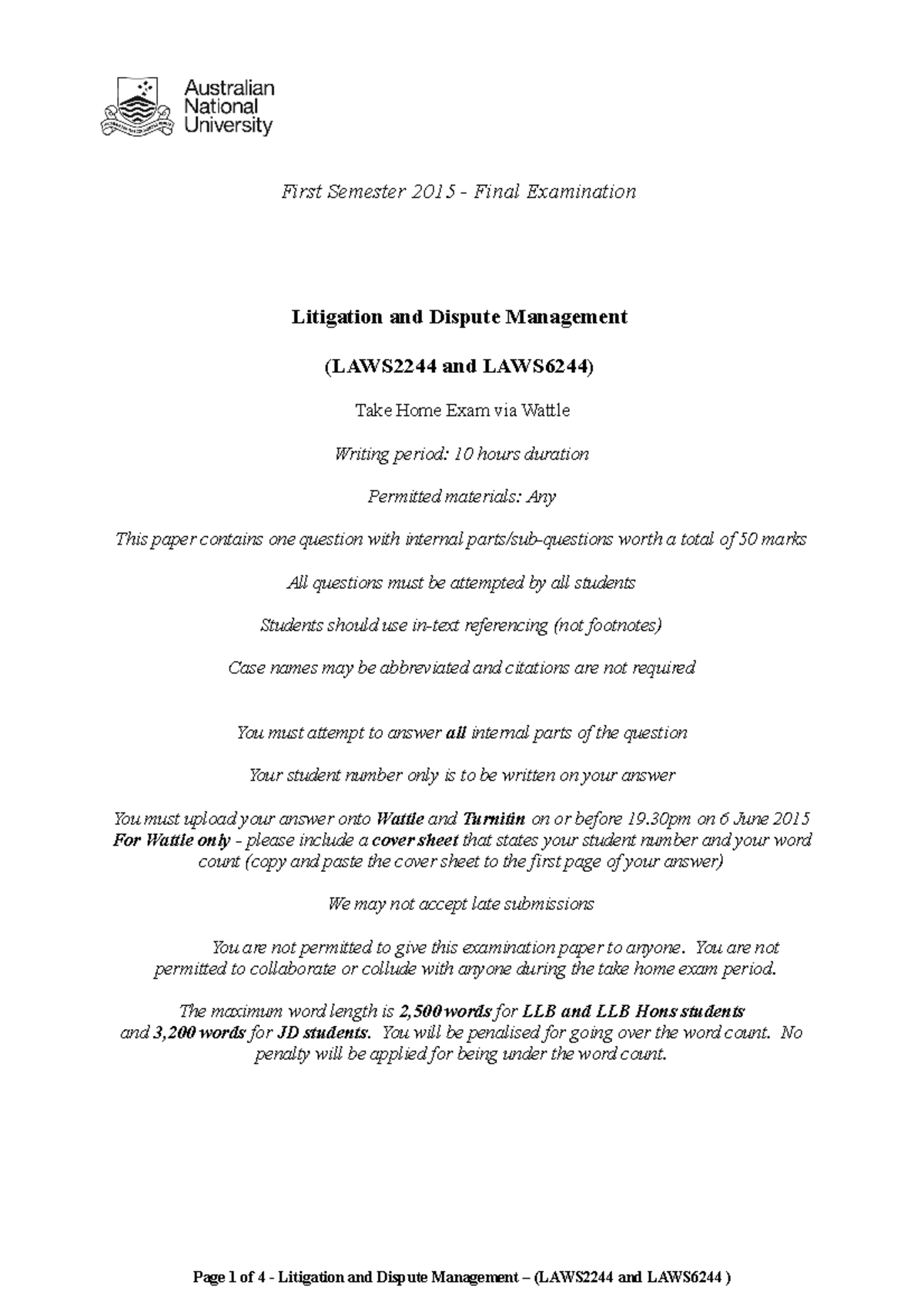 Exam June 2015, questions - First Semester 2015 - Final Examination ...