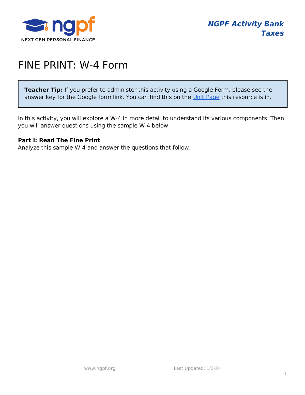 FINE Print W-4 Form - W-4 Form - NGPF Activity Bank Taxes FINE PRINT: W ...