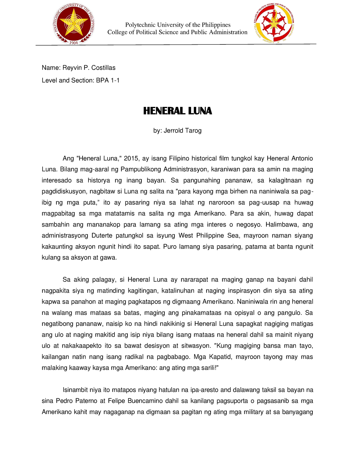 heneral luna movie review essay tagalog